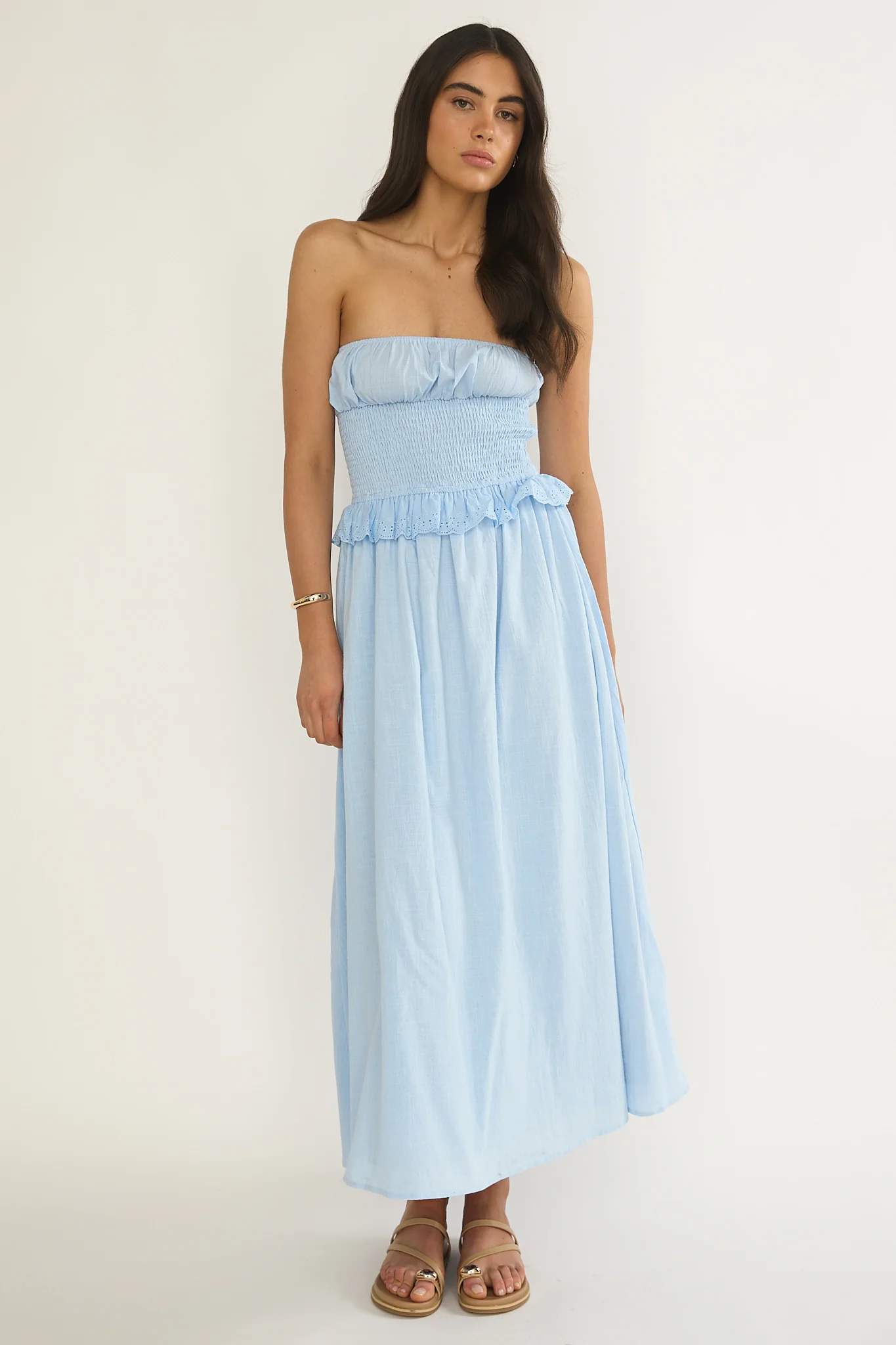 Lija Strapless Shirred Bodice Midi Dress Light Blue