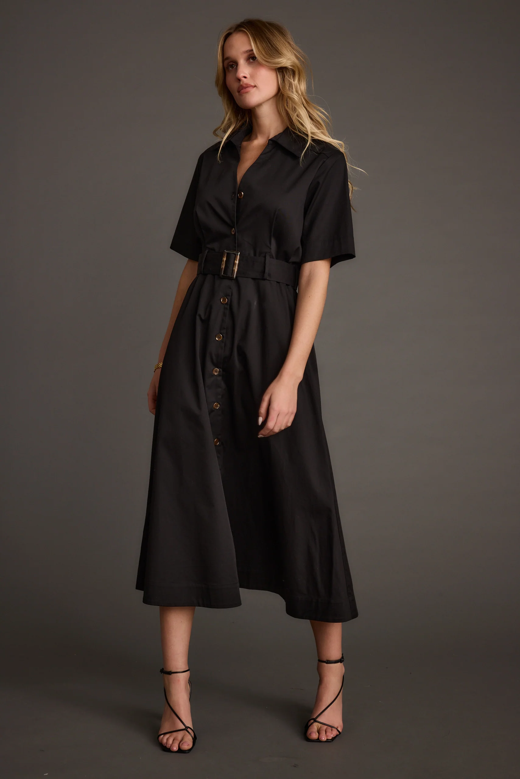 Leena Black Button Front Belted Midi Dress