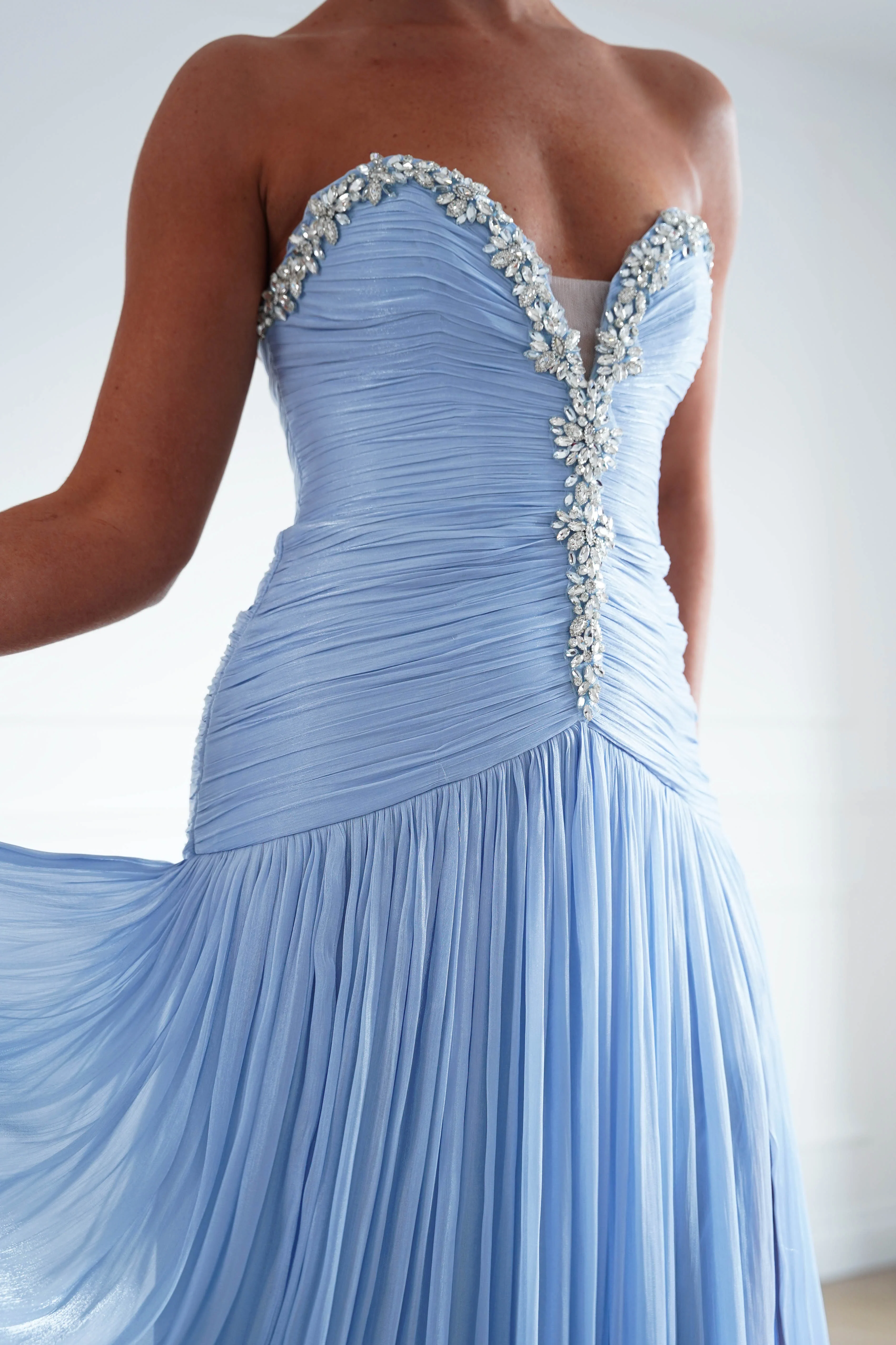 Estella Diamante Trim Ruched Maxi Gown | Blue