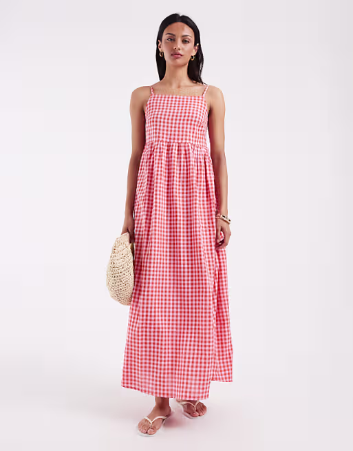PIECES seersucker cami maxi dress in pink and red gingham print