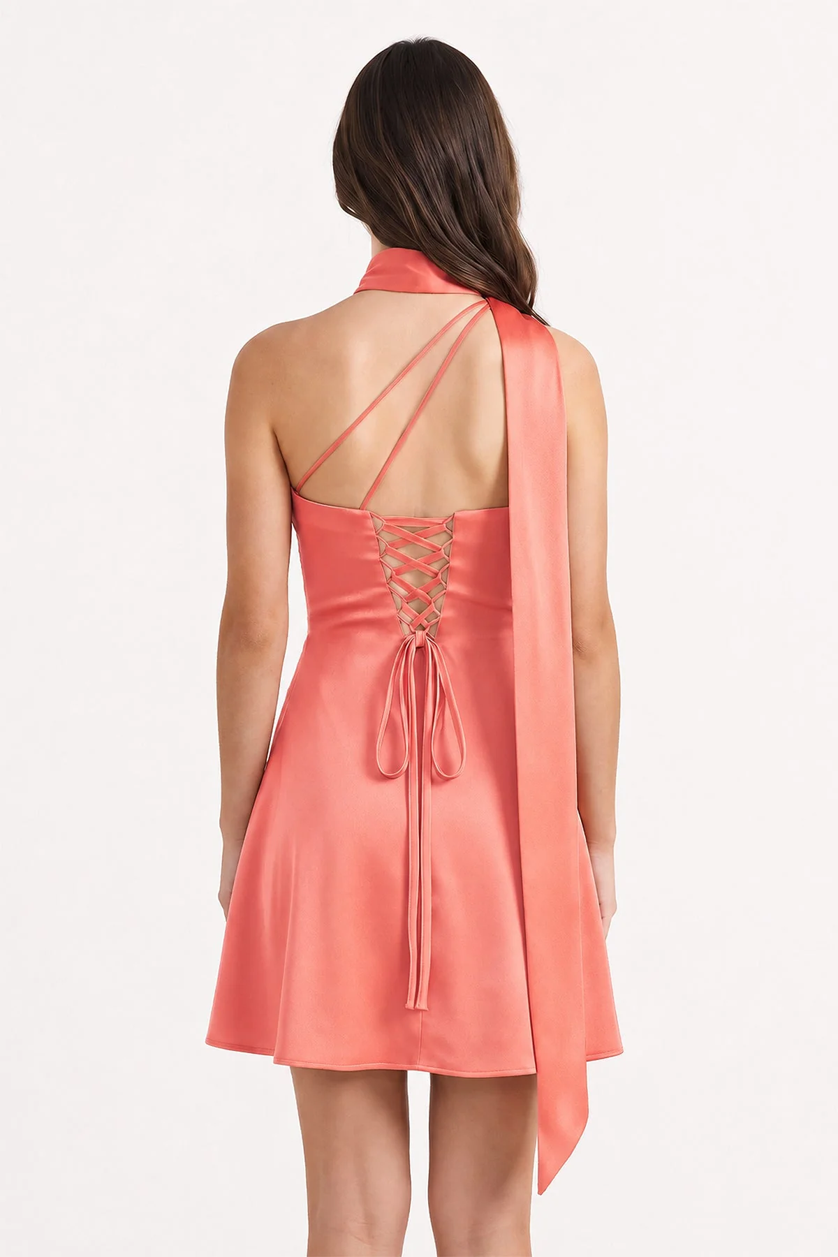 Red One-Shoulder Satin Sheath Homecoming Dress with Scarf