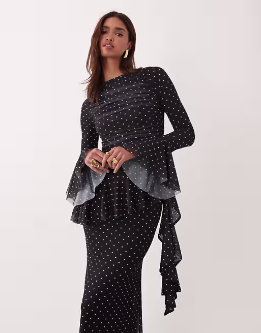mesh maxi dress with ruching and frill details in polka-dot print