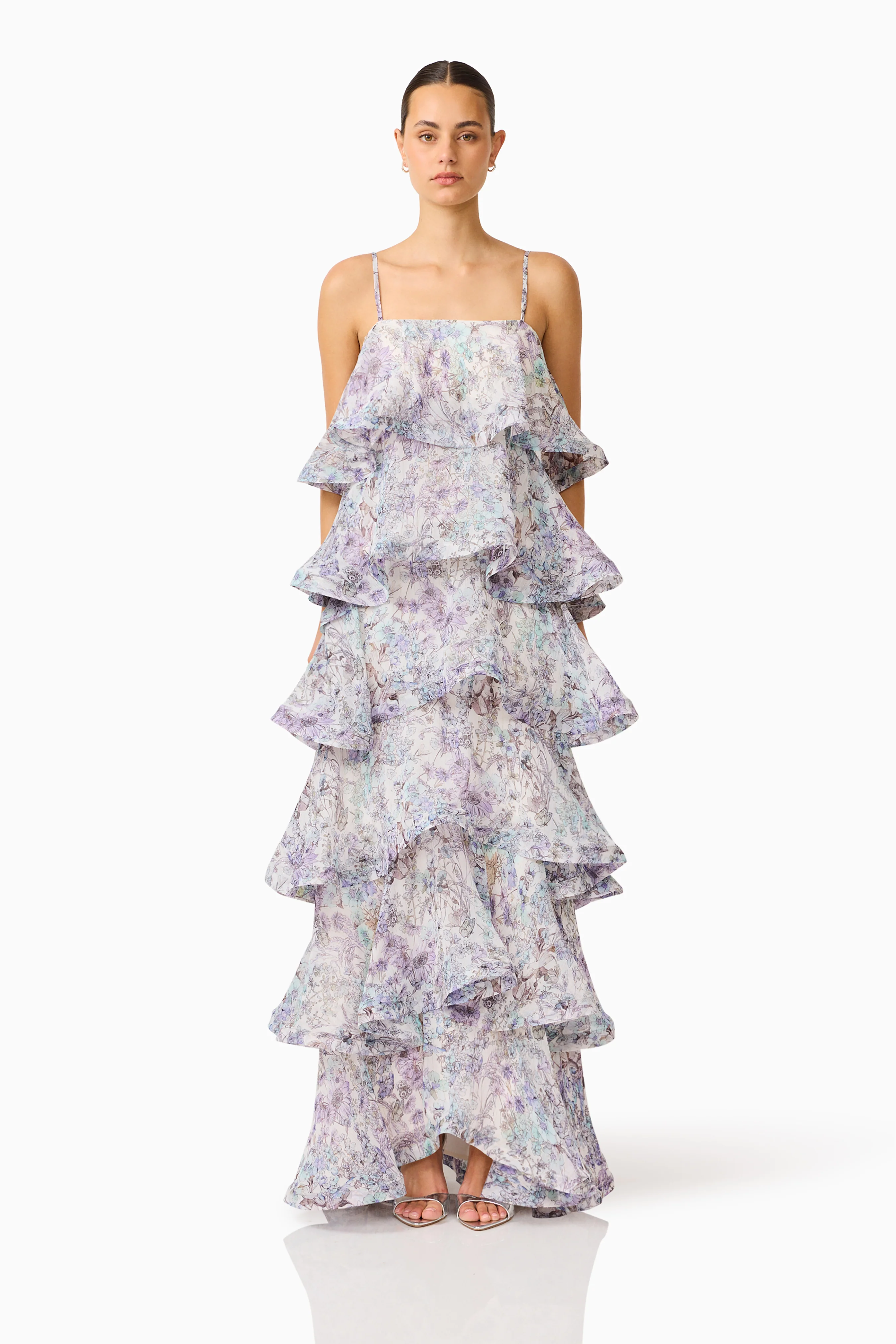 Rosaria Tiered Gown in Purple Floral