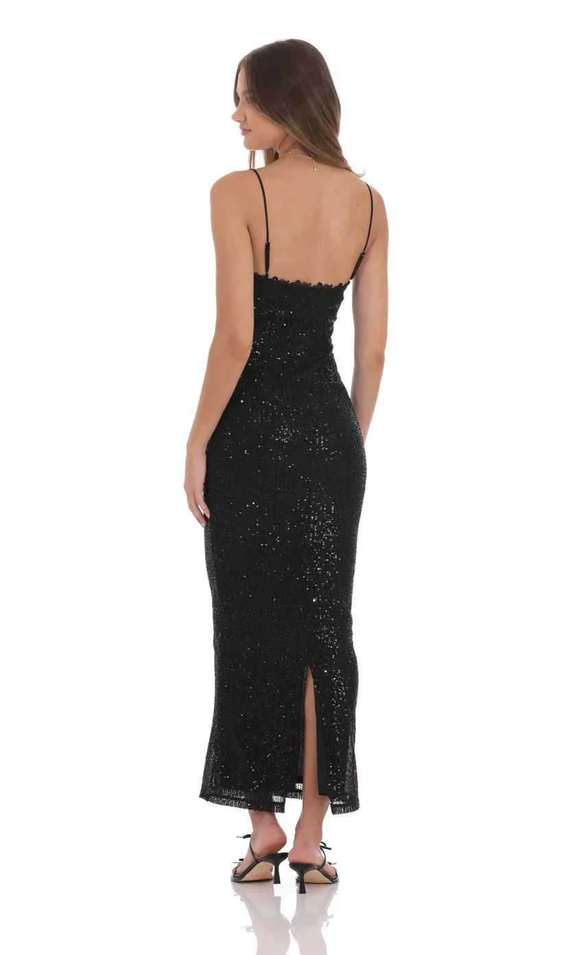 Lace Trim Sequin Maxi Dress in Black