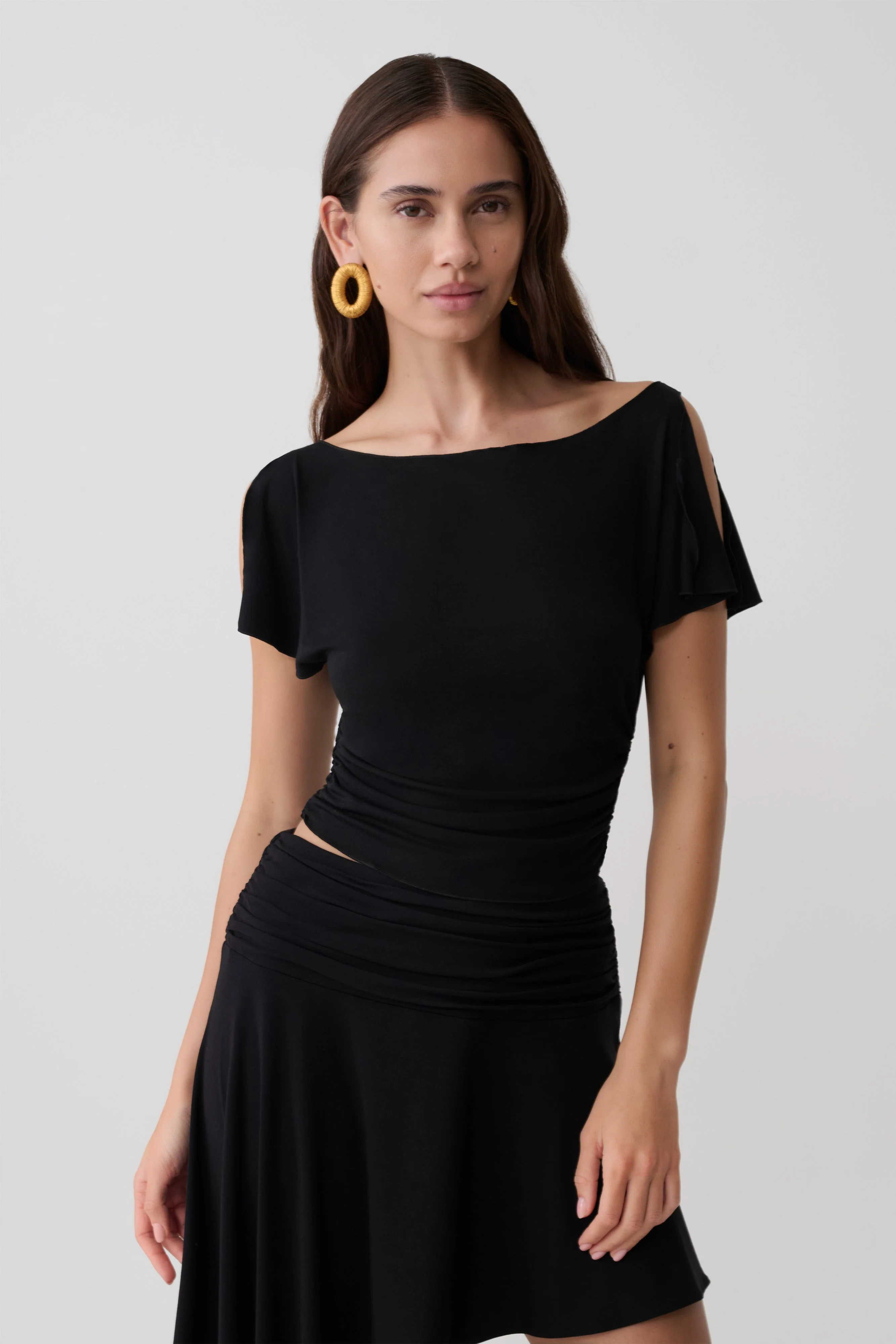 Talise Modal Flounce Short Sleeve Top - Black