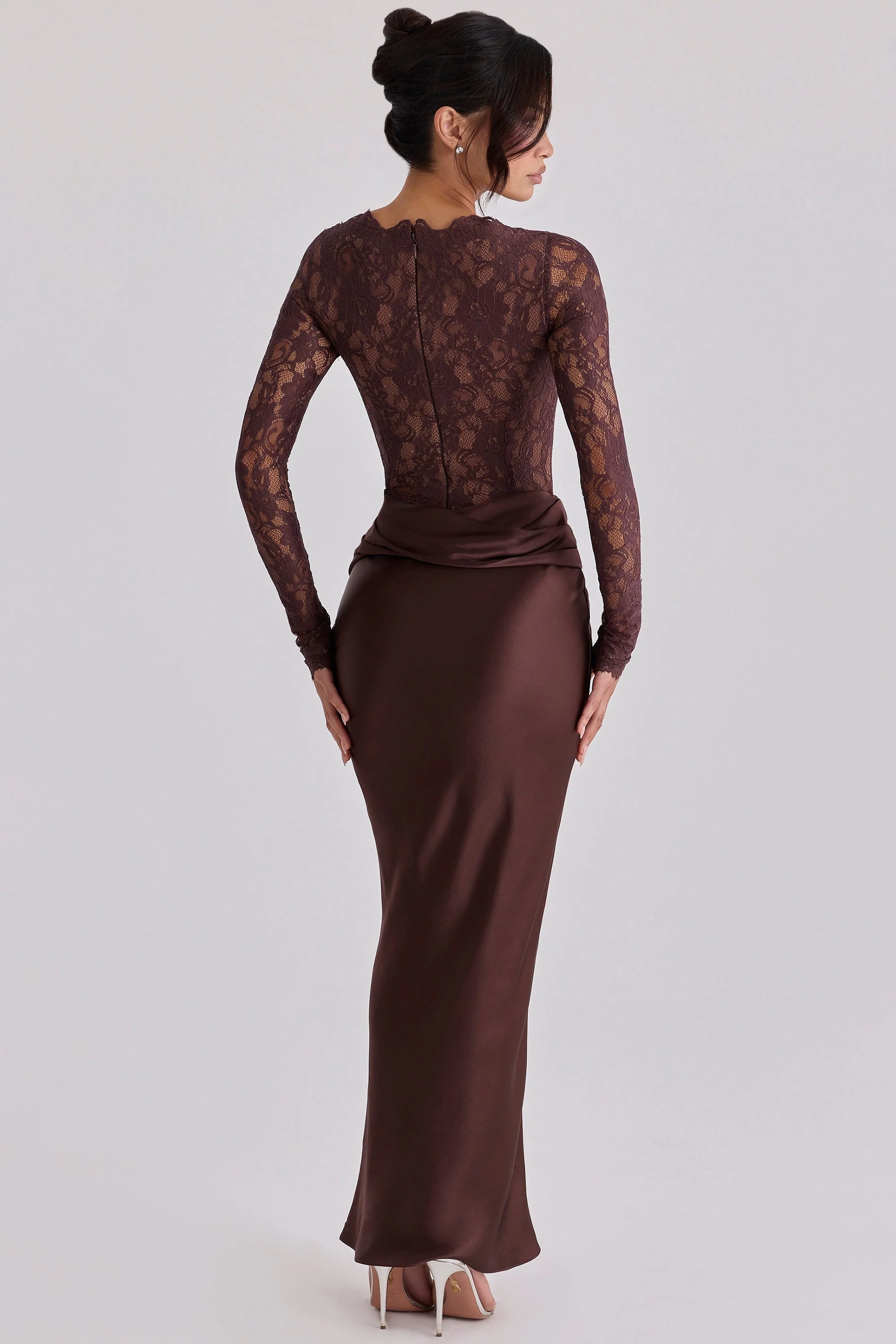 espresso brown lace + satin draped maxi dress