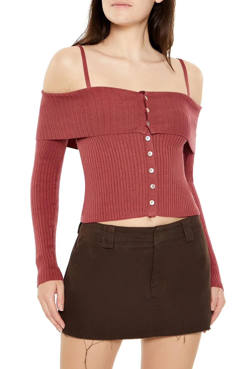 Open-Shoulder Sweater-Knit Crop Top