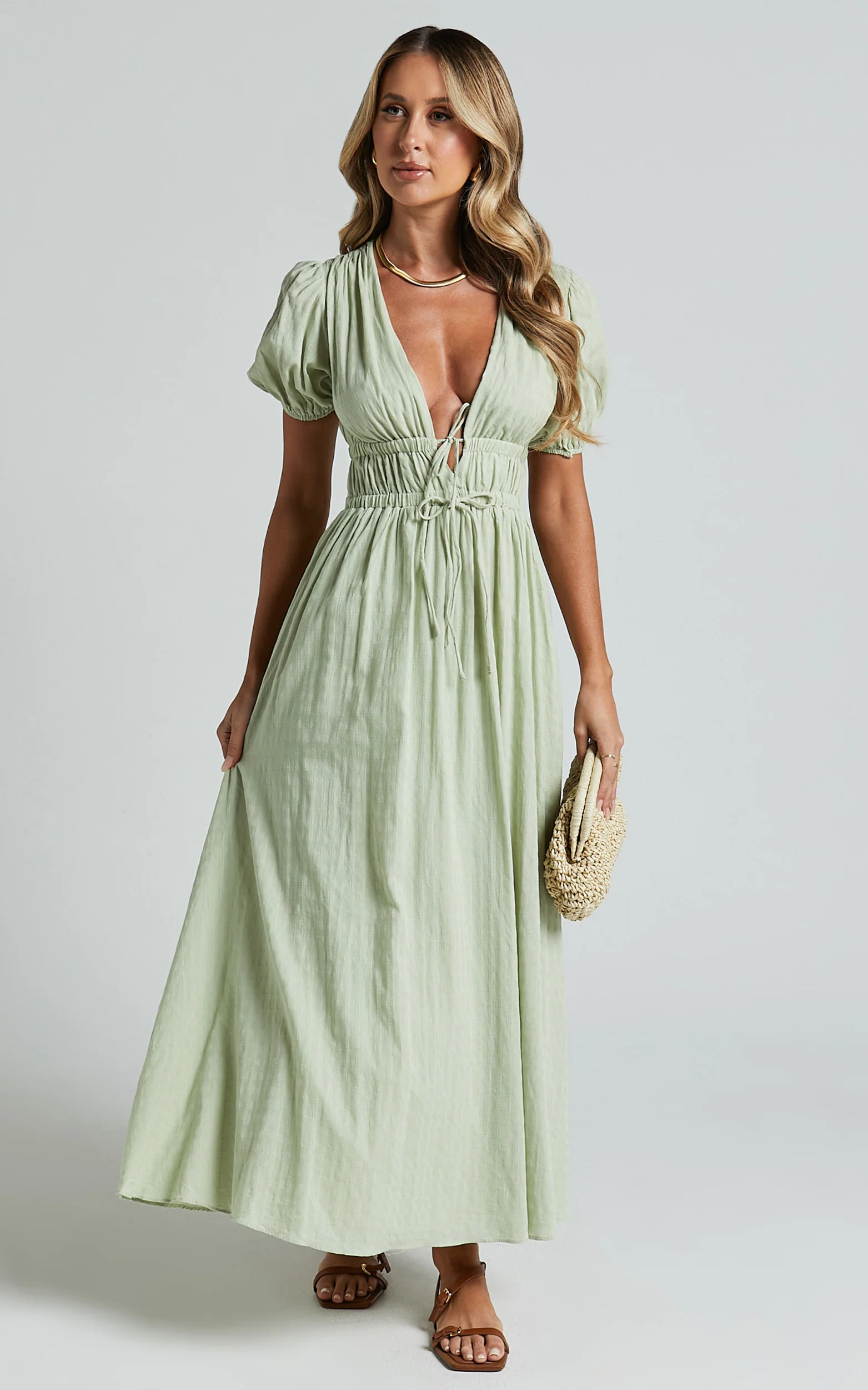 Matteo Midi Dress - Deep V Neck Puff Sleeve Dress in Sage