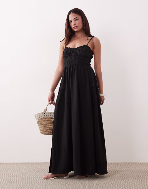 Petite Faith beach shirred maxi dress in black