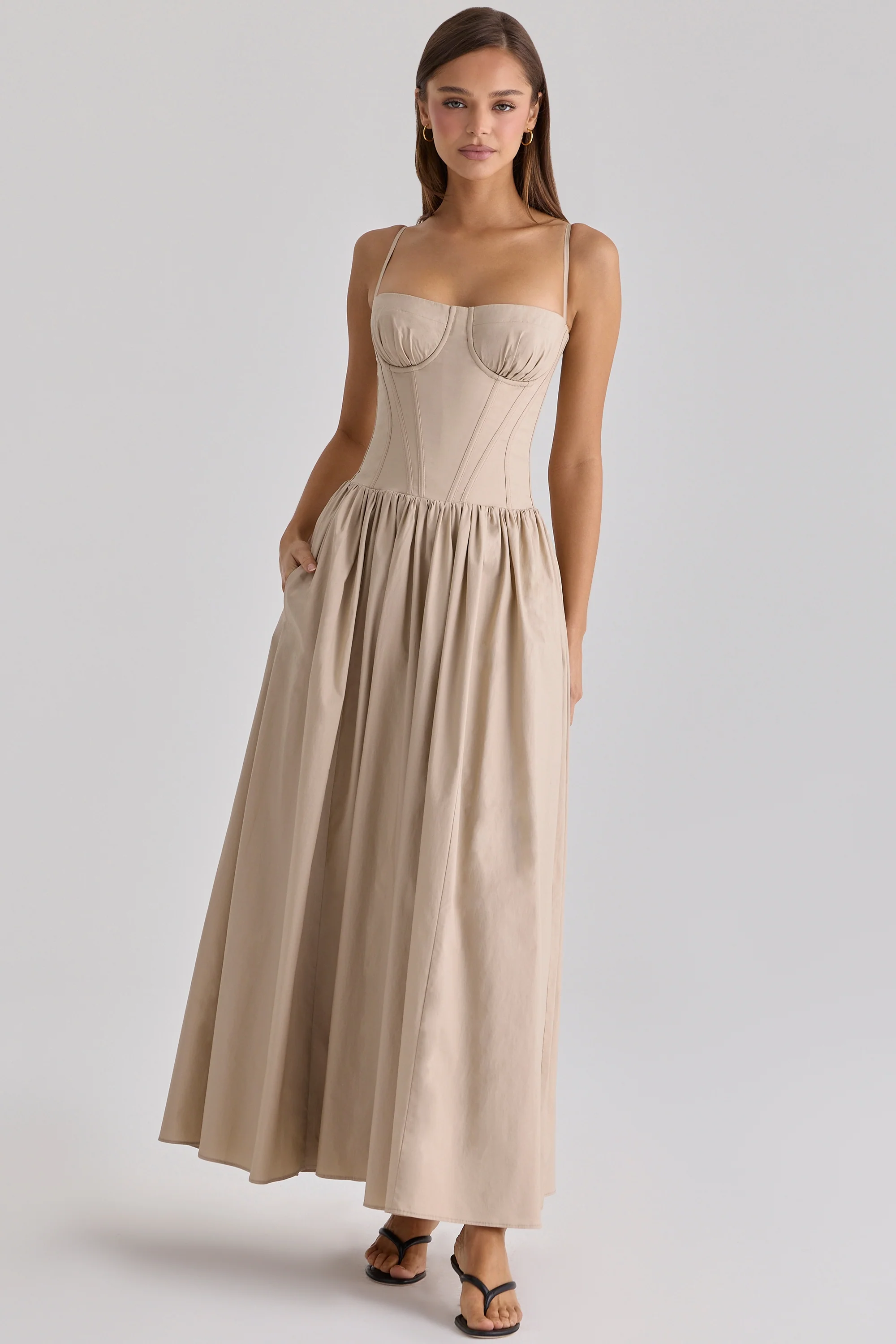 Taupe Cotton Corset Maxi Dress