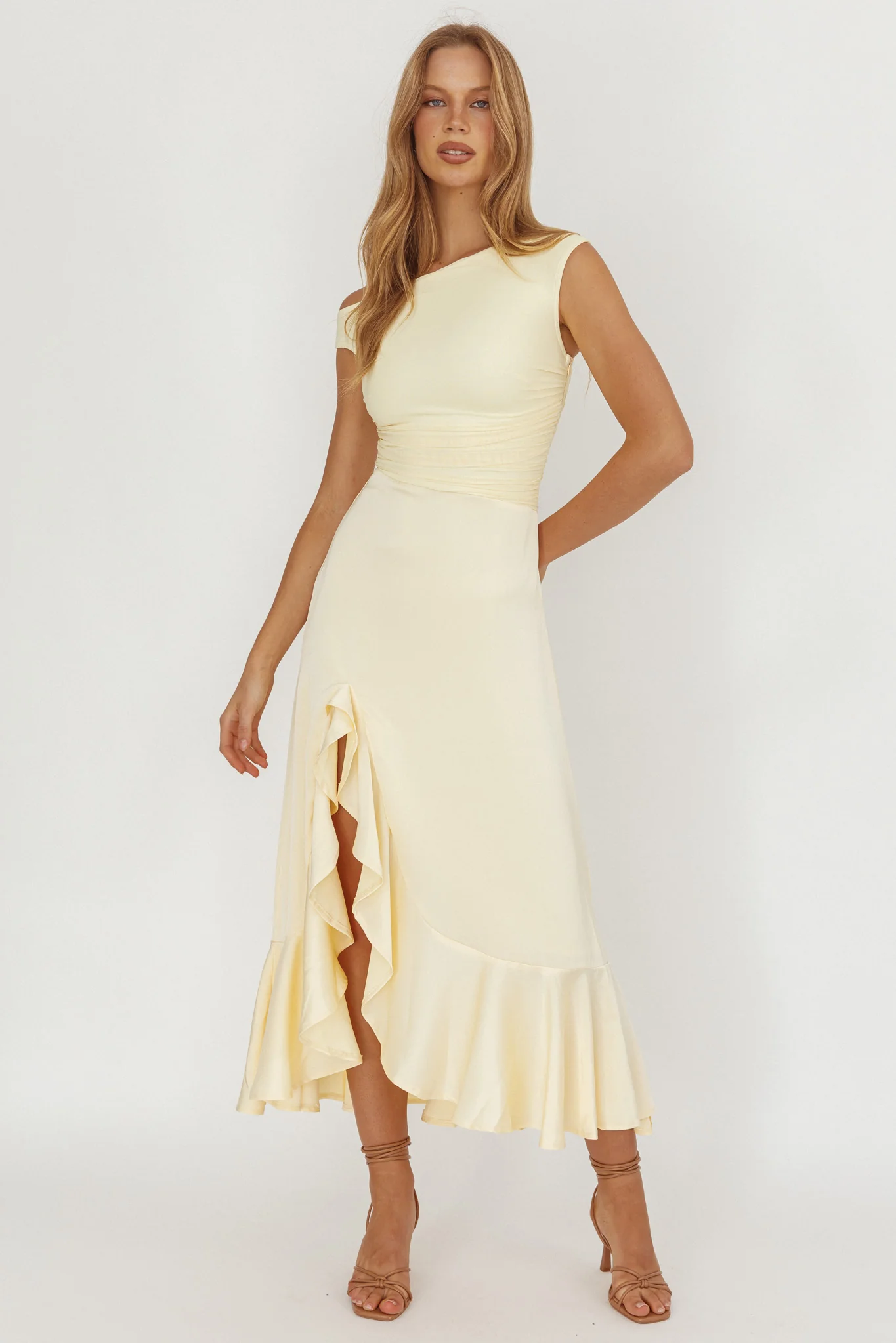 Moonlit Magic Asymmetric Neckline Satin Ruffle Dress Butter