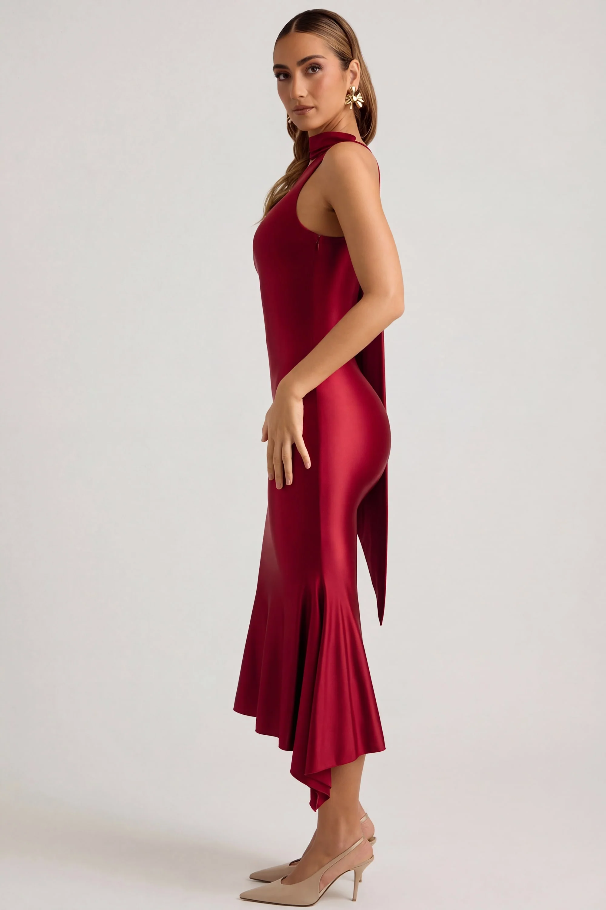 Asymmetric Scarf-Detail Midaxi Dress in True Red