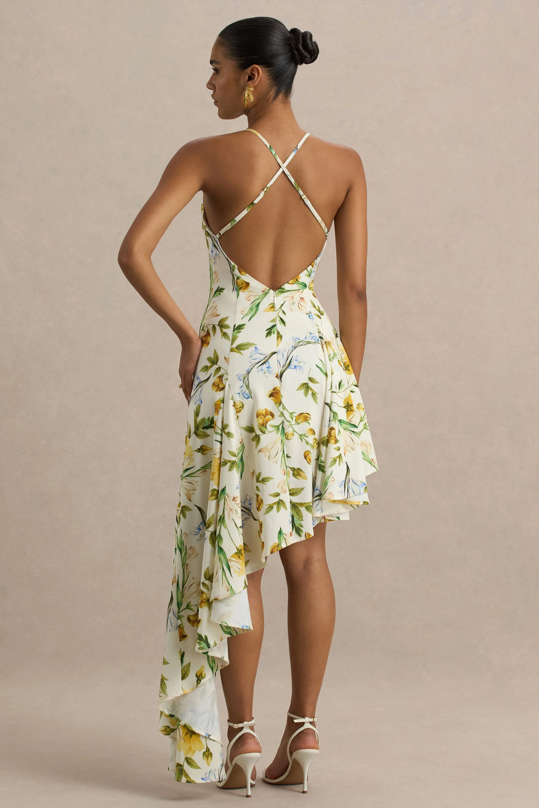Glint | Lemon Floral Print Satin Plunge-Neck Maxi Dress With Asymmetric Hem