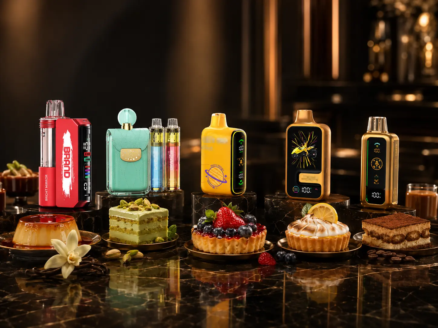 Compact vape devices paired with pistachio cake, berry pastries, lemon tart, and tiramisu