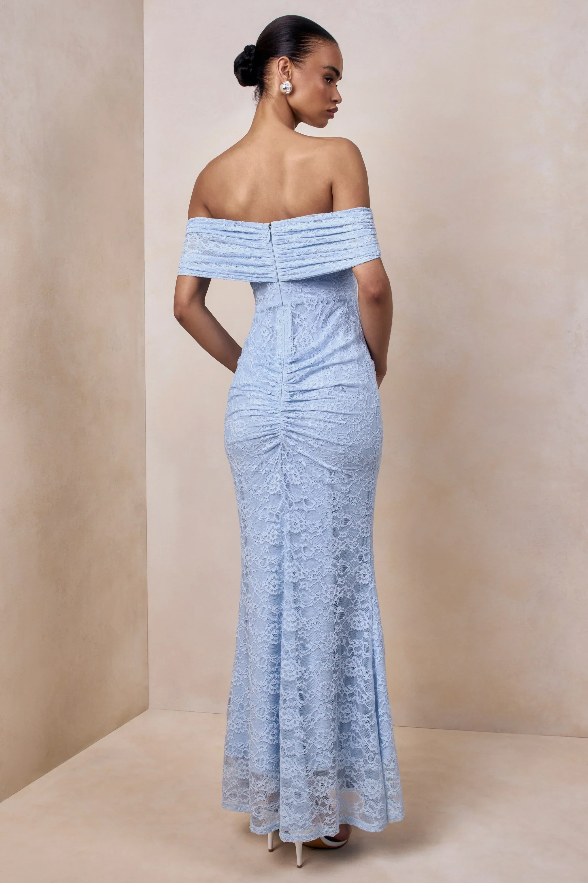 Elinor | Powder Blue Lace Bardot-Neck Maxi Dress With Gathered-Detailing