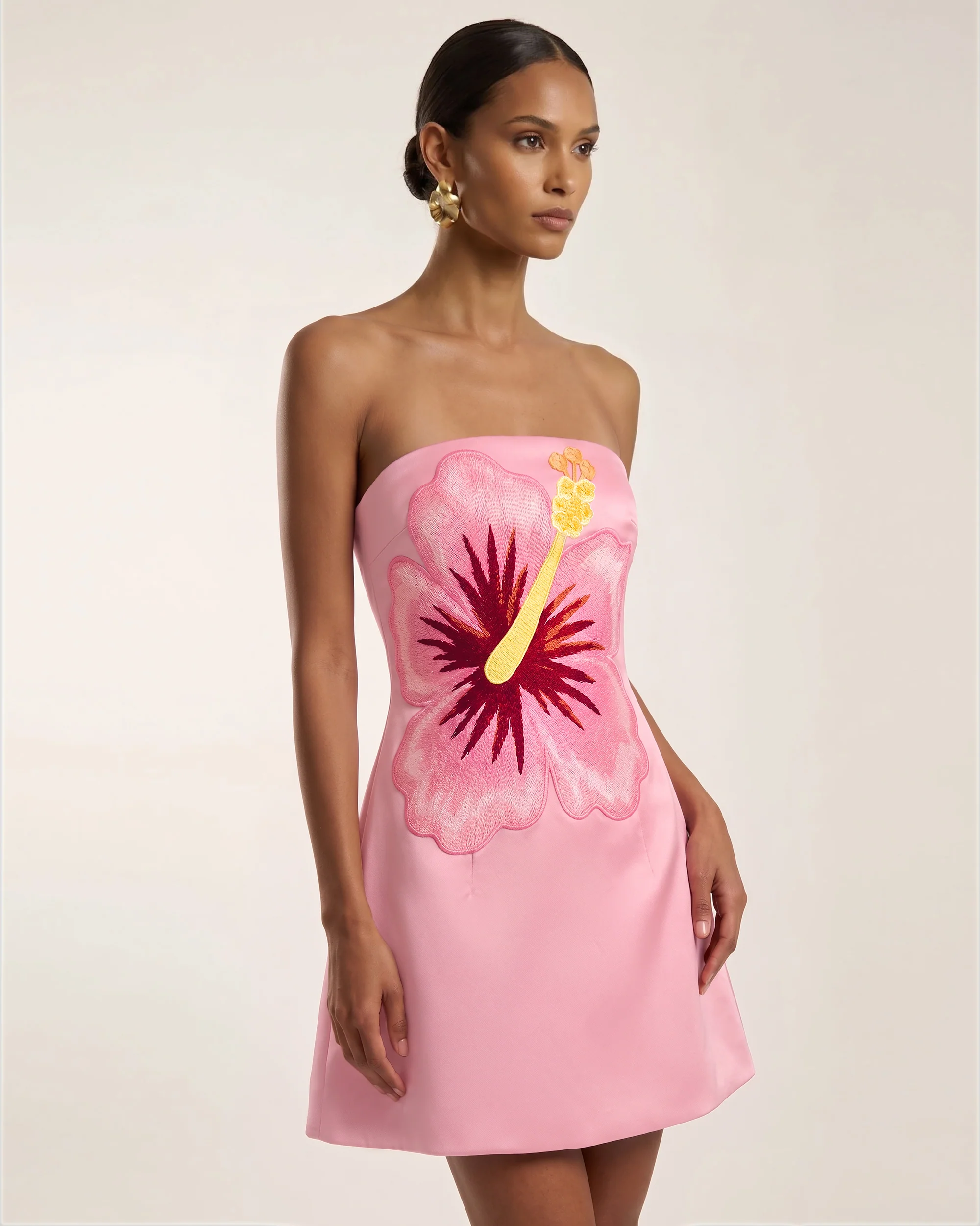 Hibiscus Embroidered Bandeau Mini Dress - Pink