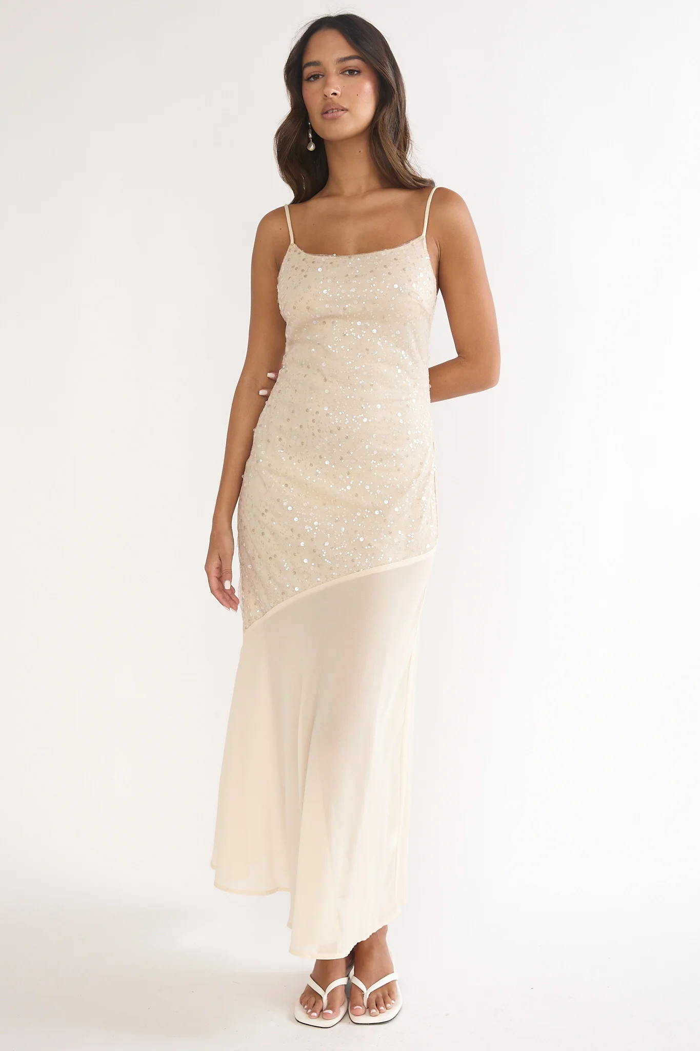 Gilded Dream Chiffon Hem Maxi Dress Sequin Oyster - luluinthesky