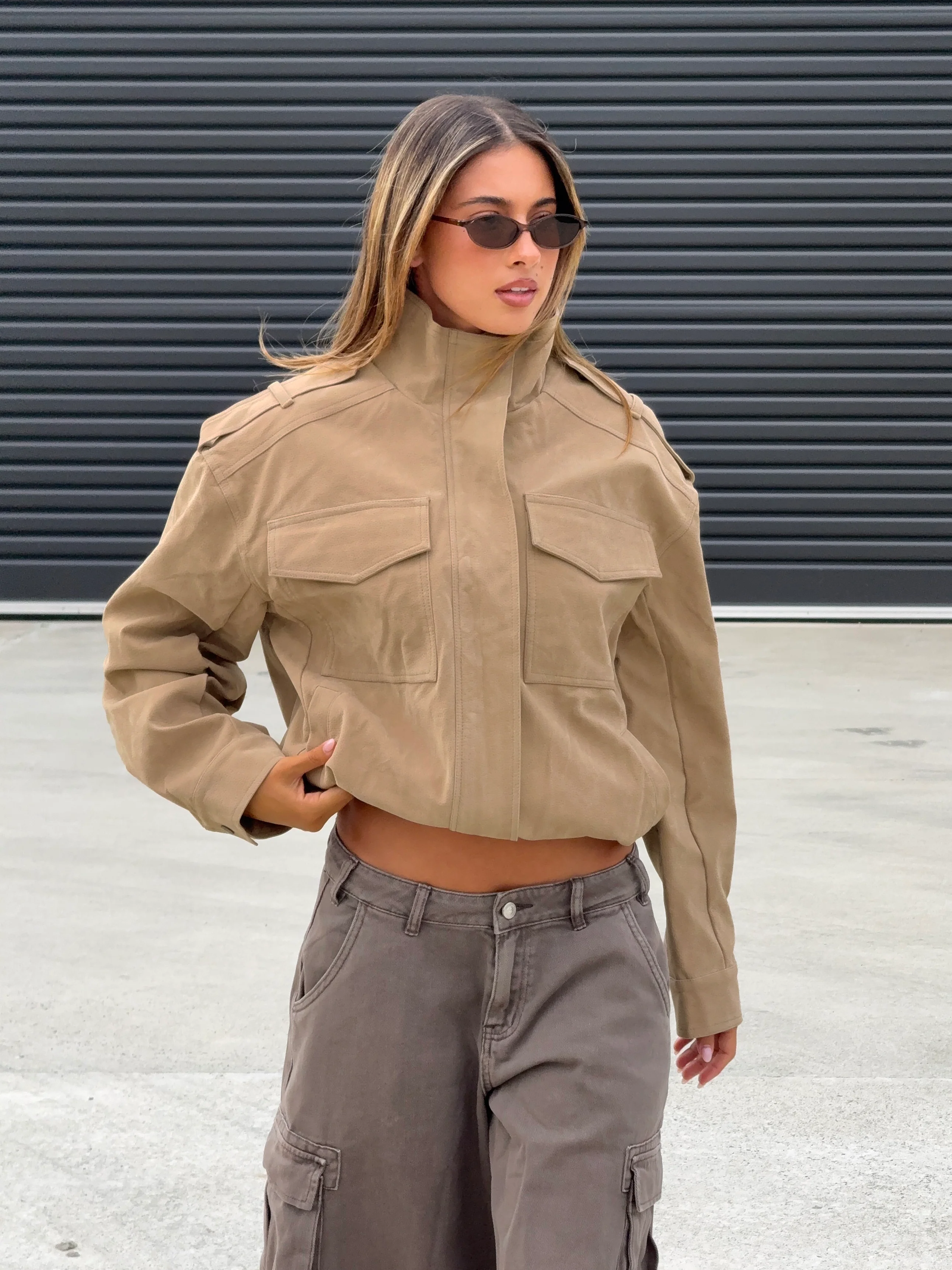 Double Life Funnel Neck Cargo Jacket Beige Petite