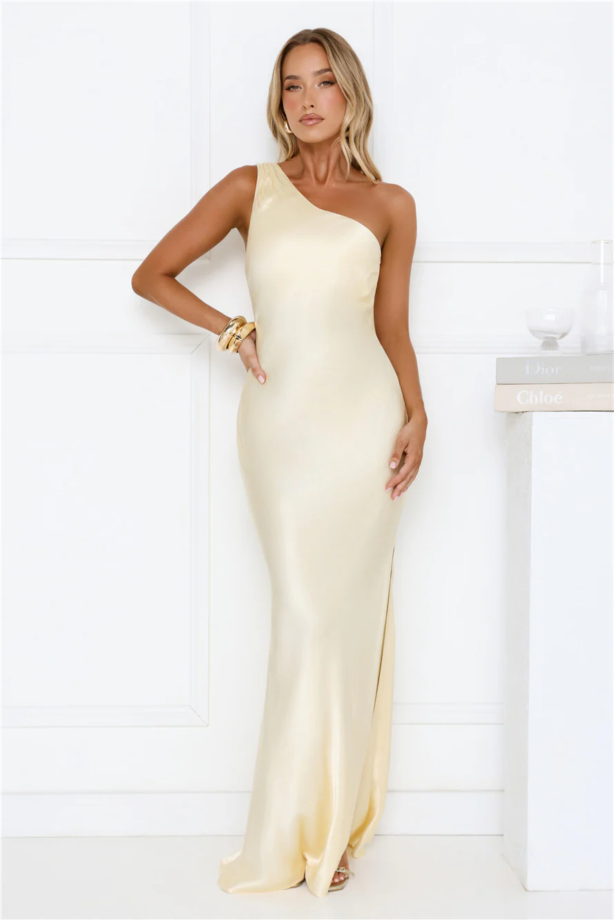 Modern Day Love One Shoulder Satin Maxi Dress Yellow