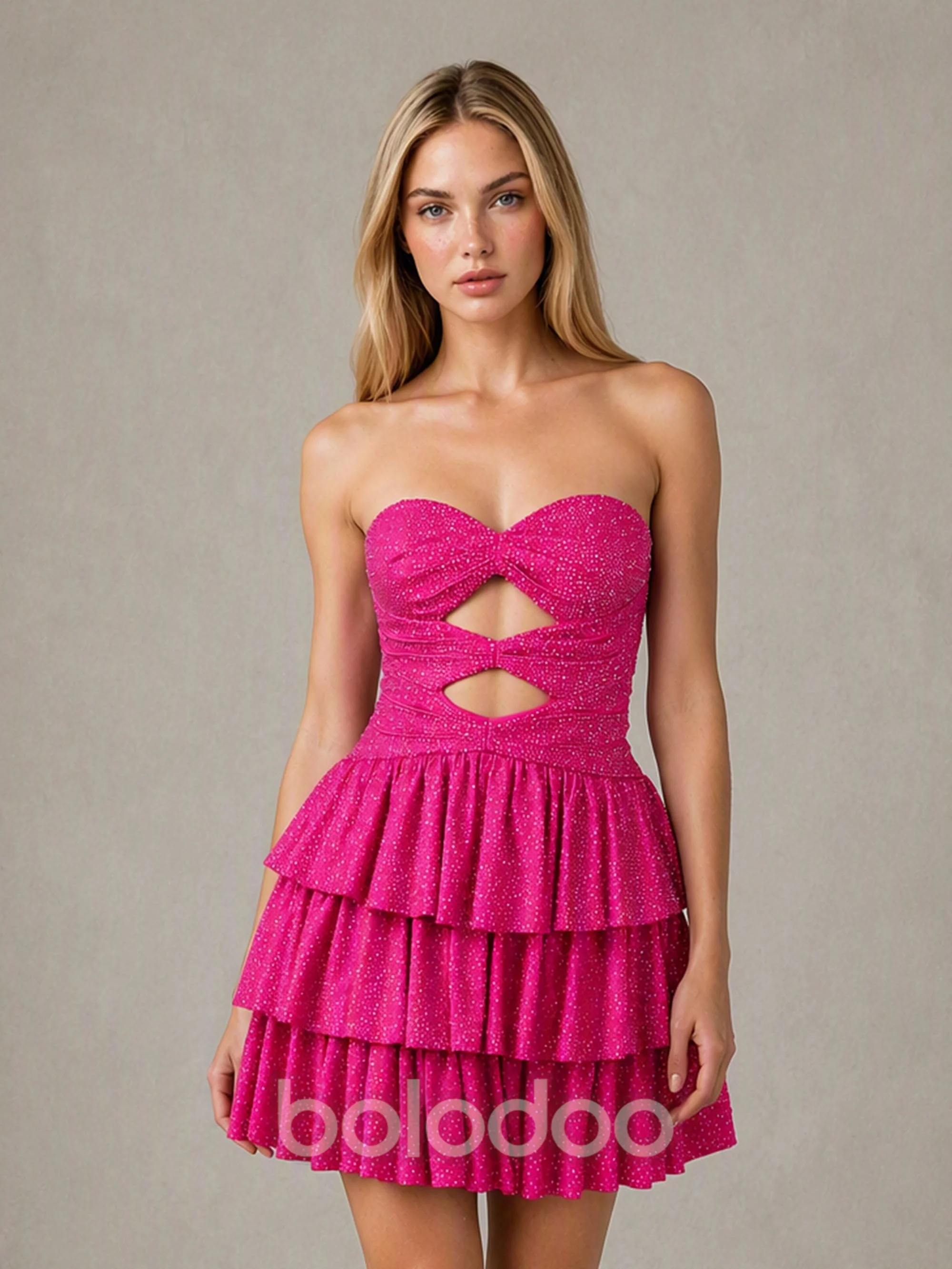BOLODOO Hot Pink Strapless Sweetheart Cutout Glitter Tiered Ruffle Mini Dress | Lace-Up Back Corset