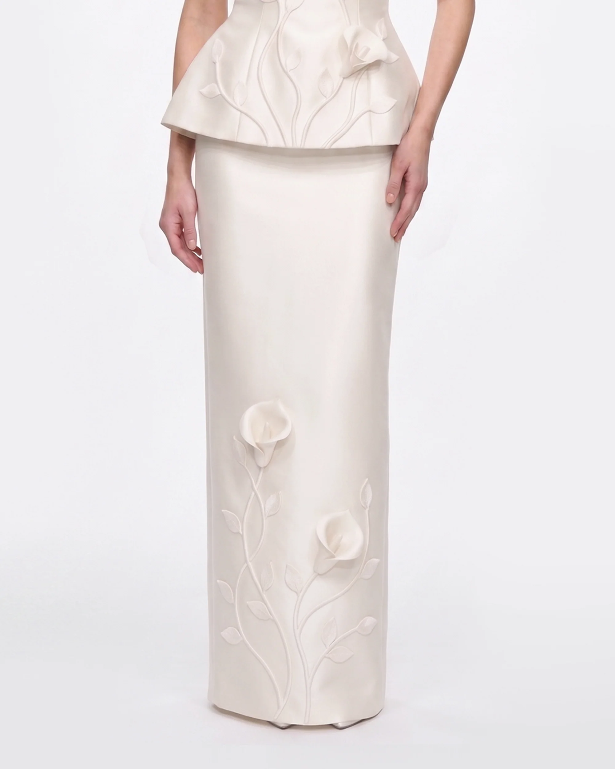Floral Appliqué Vine Maxi Skirt - White