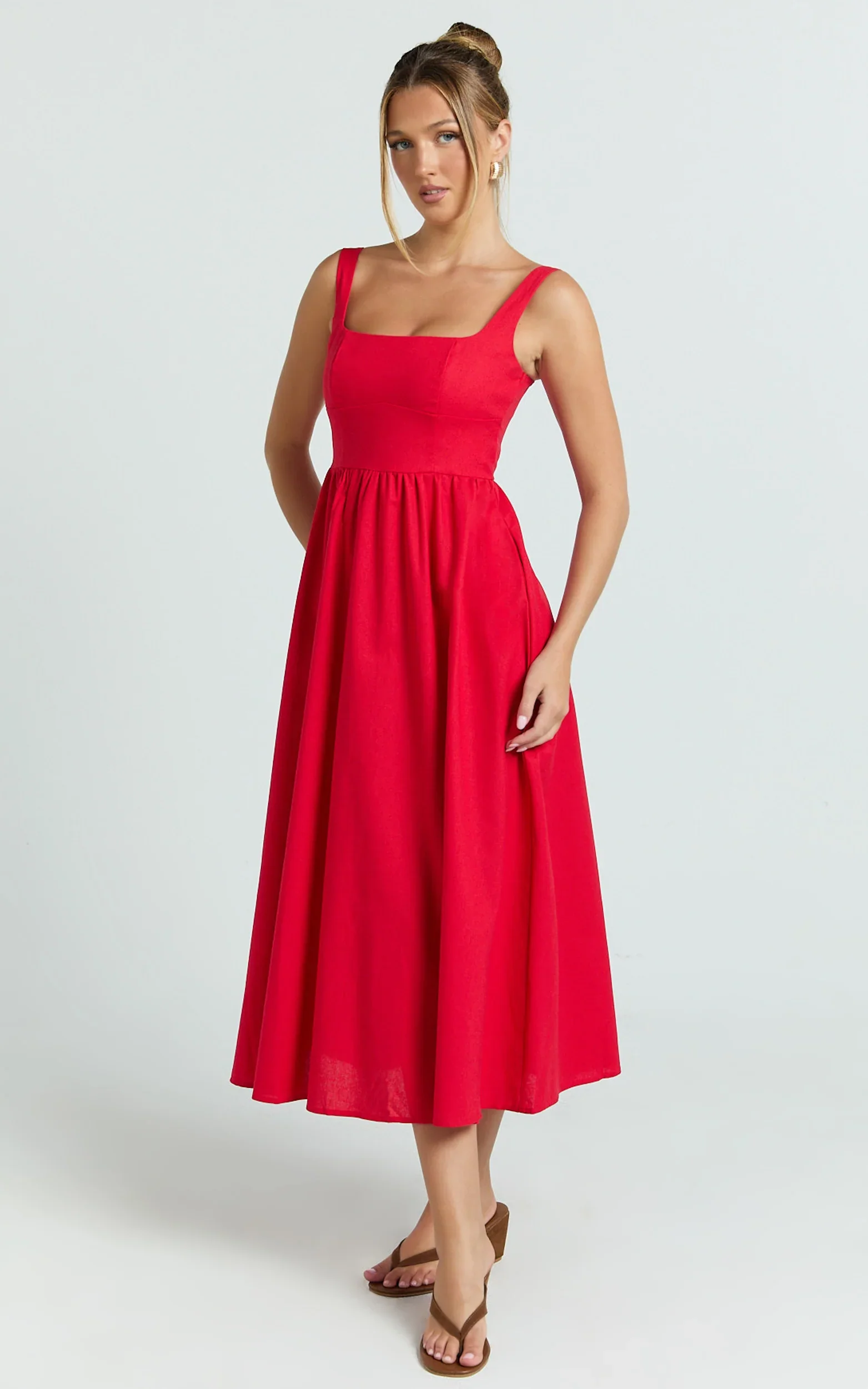 Khari Midi Dress - Linen Look Square A Line Dress in Red