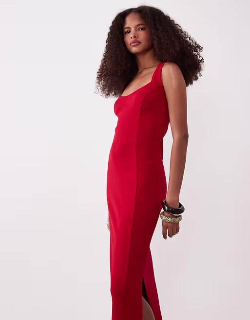 scoop front racer back seam detail midi dress in red