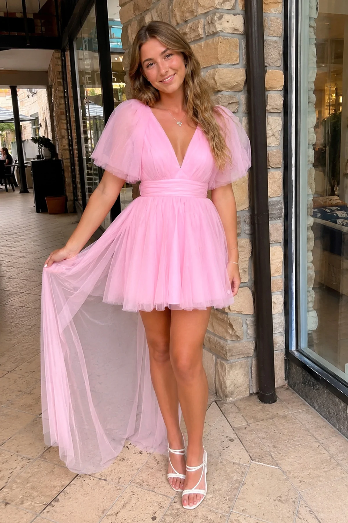 A-line Plunging V Neck Tulle Homecoming Dress