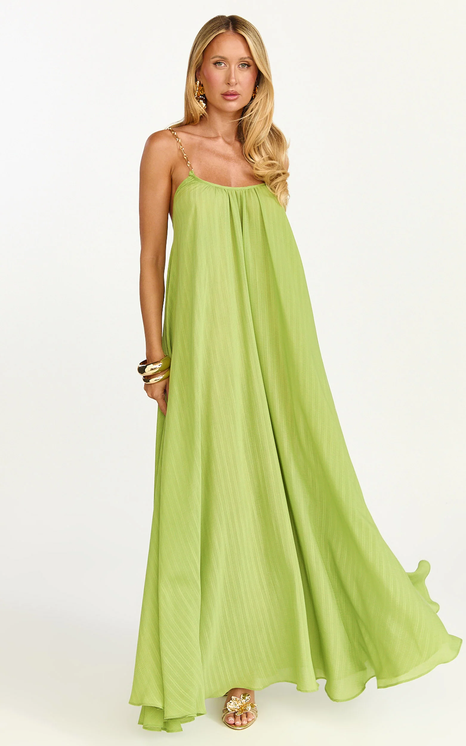 Eliana Maxi Dress - V Neck Chain Strap Tie Back Shift Dress in Green