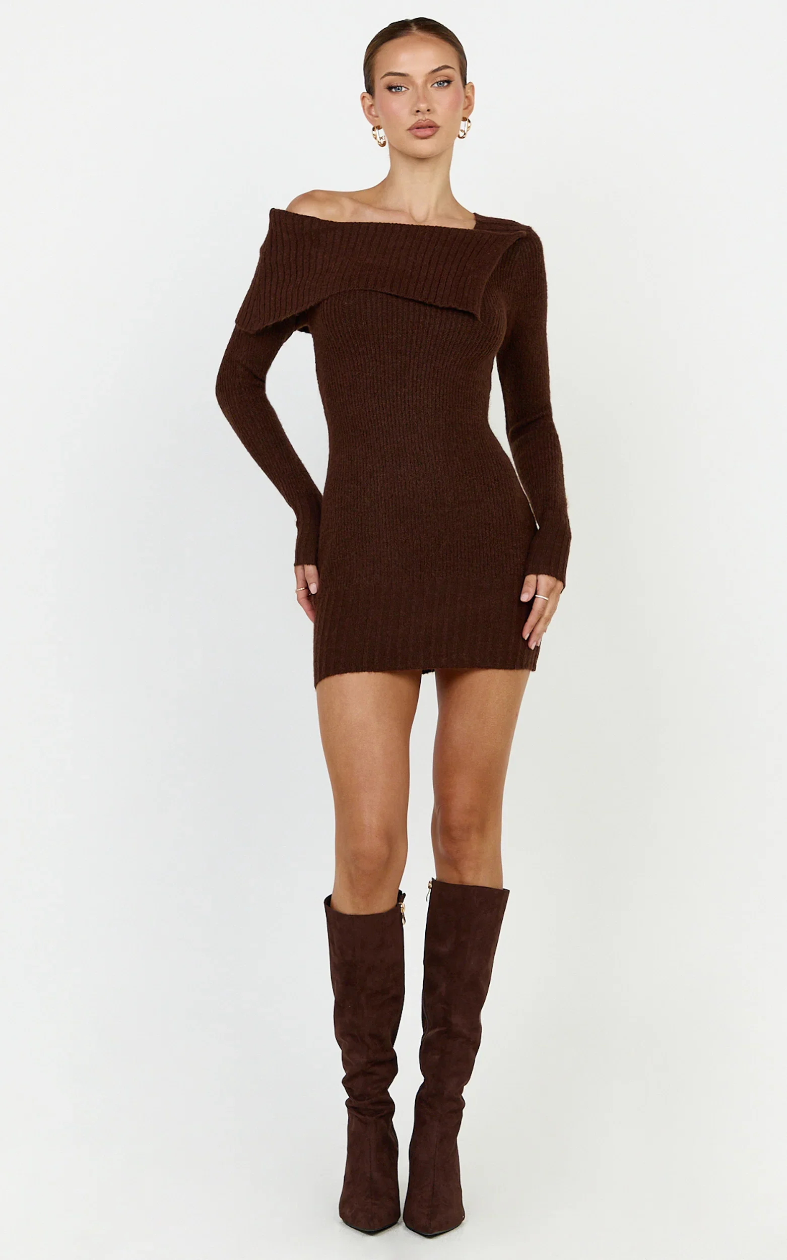 Tess Mini Dress - Asymmetric Off Shoulder Long Sleeve Knit Dress in Chocolate