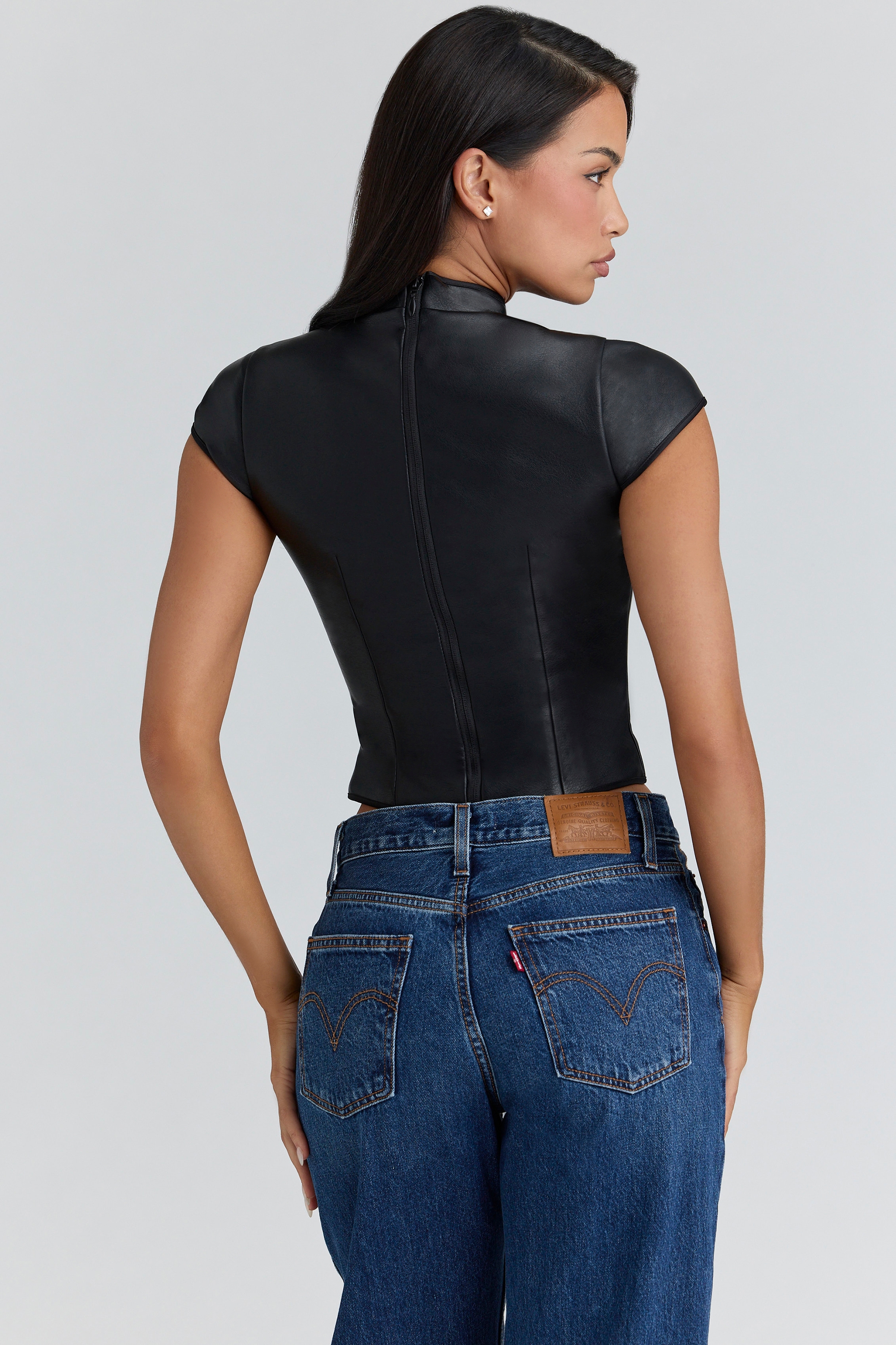 Black Vegan Leather Mandarin Collar Top