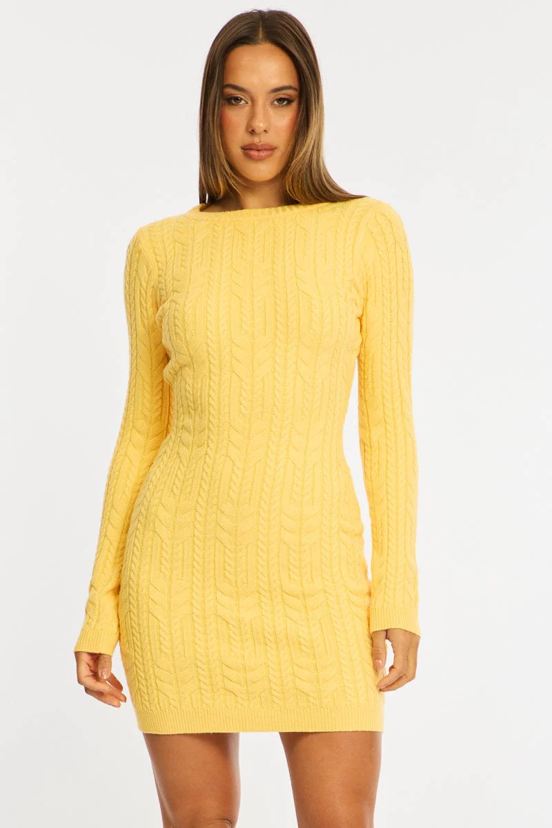 Yellow Knit Dress Long Sleeve Cable Mini