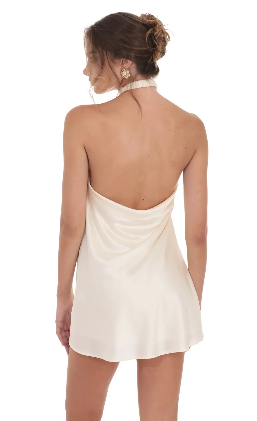 Satin Cross Halter Dress in Cream - luluinthesky