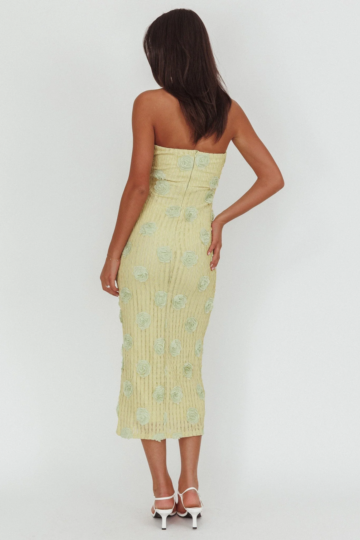 Horizon Strapless Textured Floral Midi Dress Green