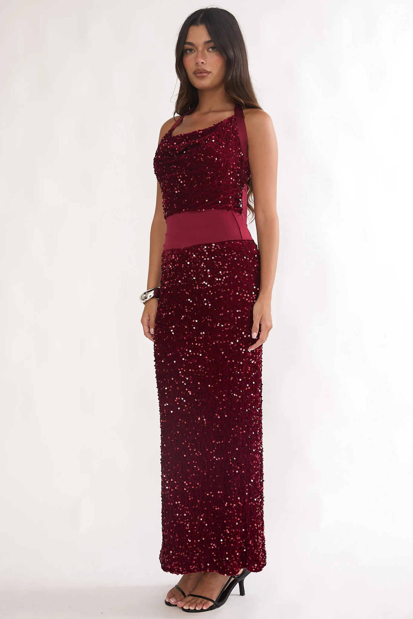 Cabernet Halter Maxi Dress Sequin Wine - luluinthesky
