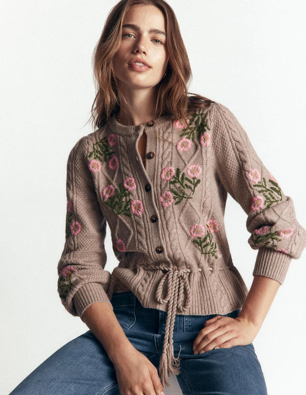Cable Knitted Cardigan Mink Melange, Embroidery
