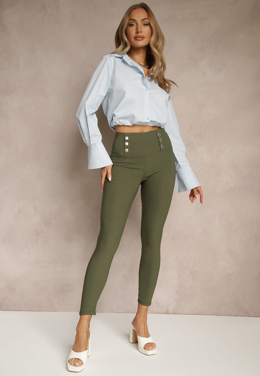 Ciemnozielone Legginsy High Waist z Ozdobnymi Guzikami Kolowenia