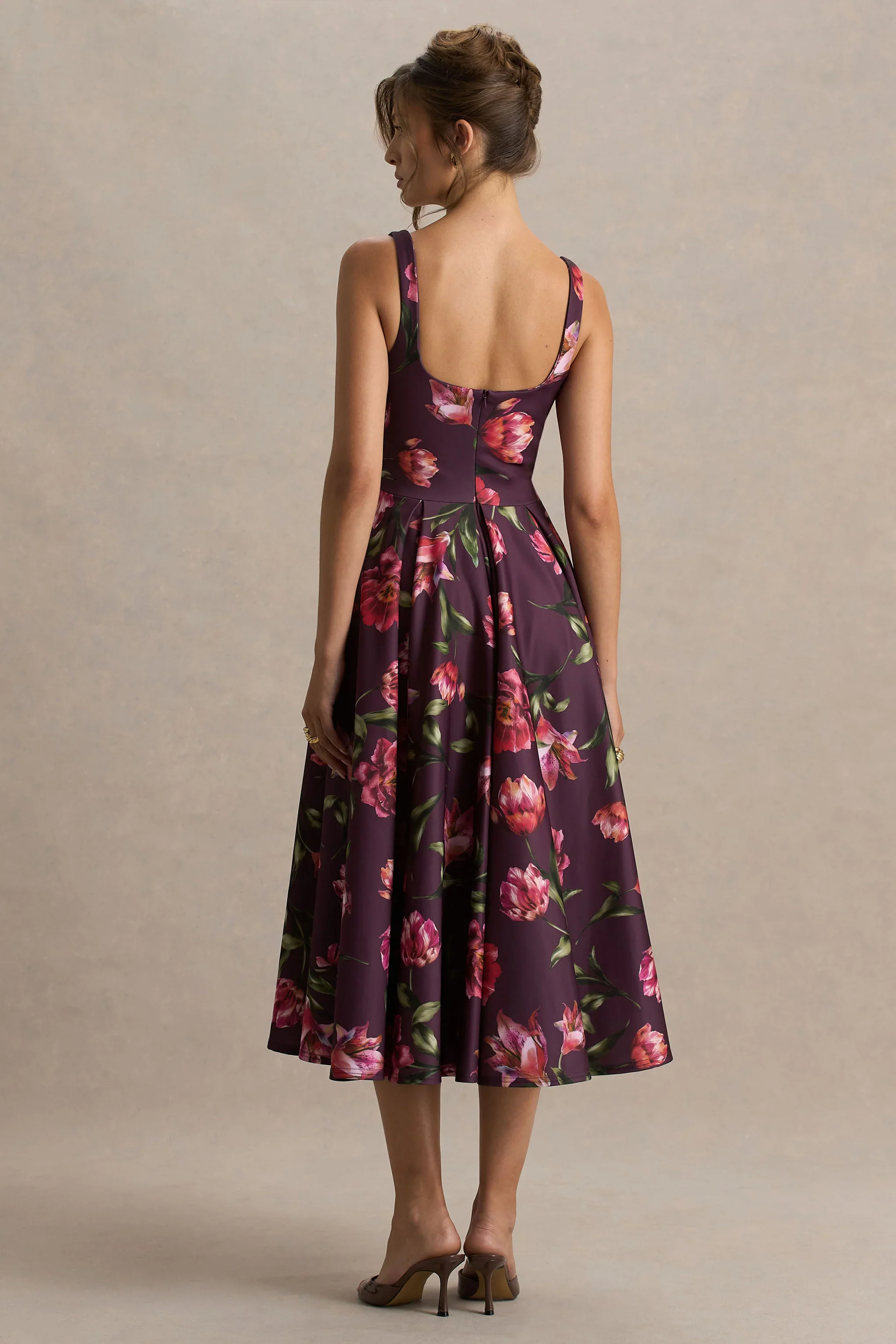 Berta | Burgundy Floral Print Square-Neck Midi Dress