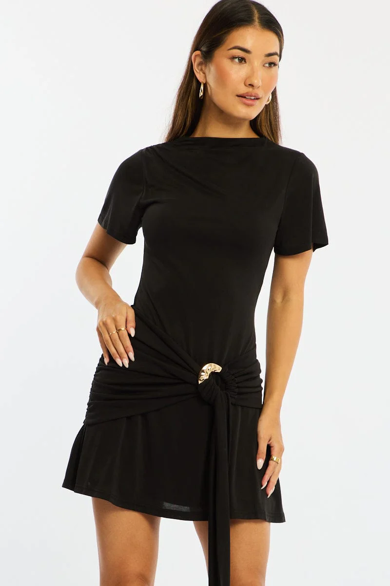Black Mini Dress Drape Detail