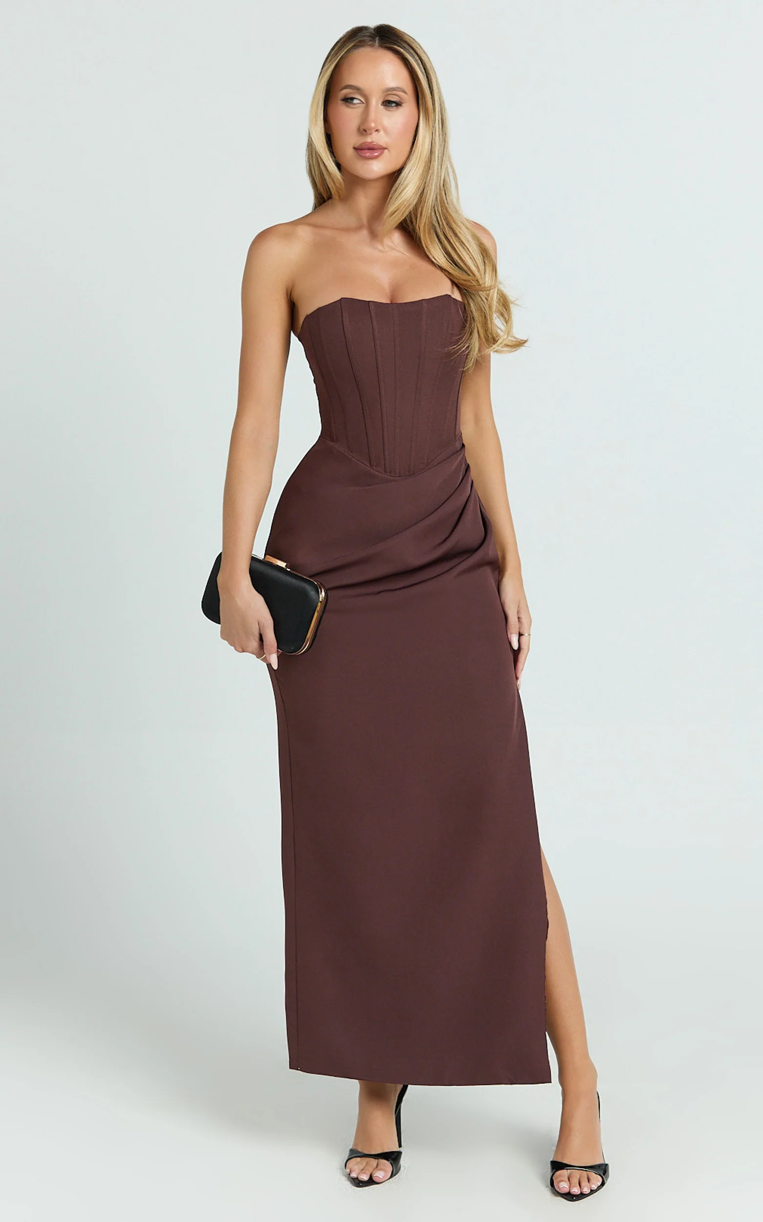 Avery Midi Dress - Strapless Draped Side Split Dress in Chocolate
