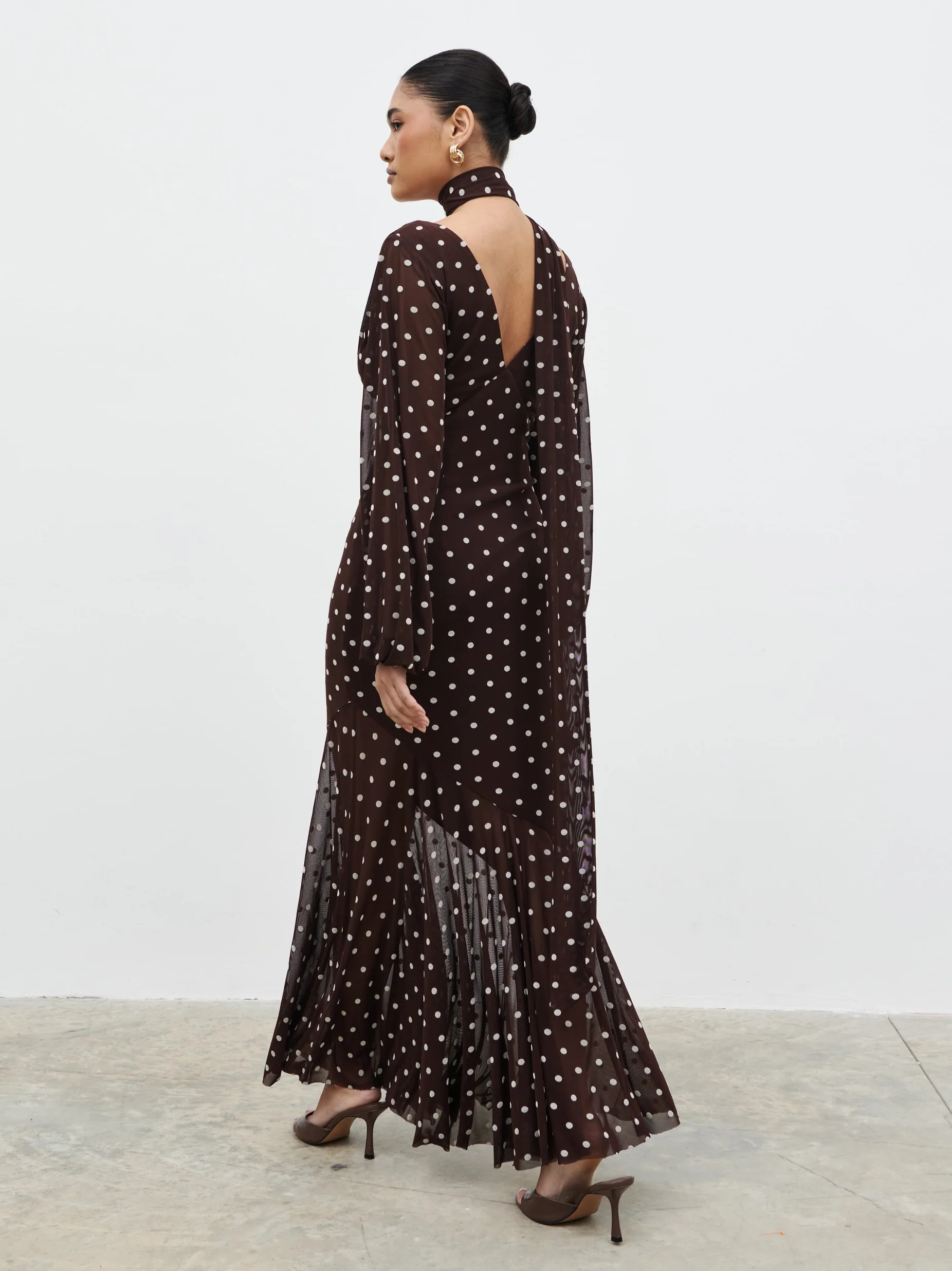 Petula Scarf Mesh Maxi Dress - Brown and Cream Polkadot