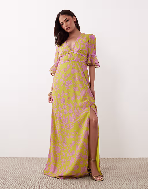 Hope & Ivy Petite v-neck frill short sleeve slit front maxi dress in green and pink floral