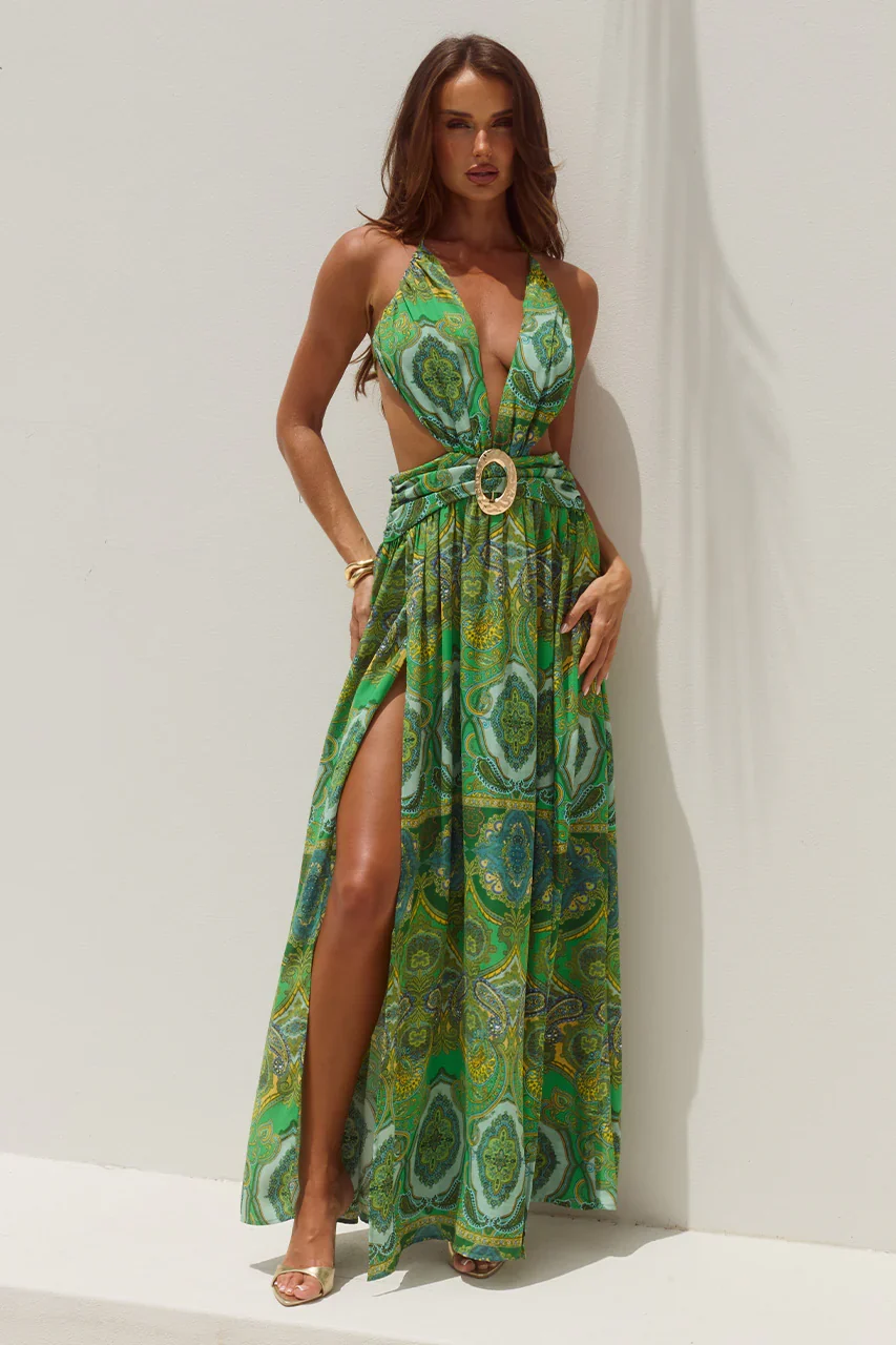 FONTANA DEEP PLUNGE MAXI DRESS - INDIANA GREEN