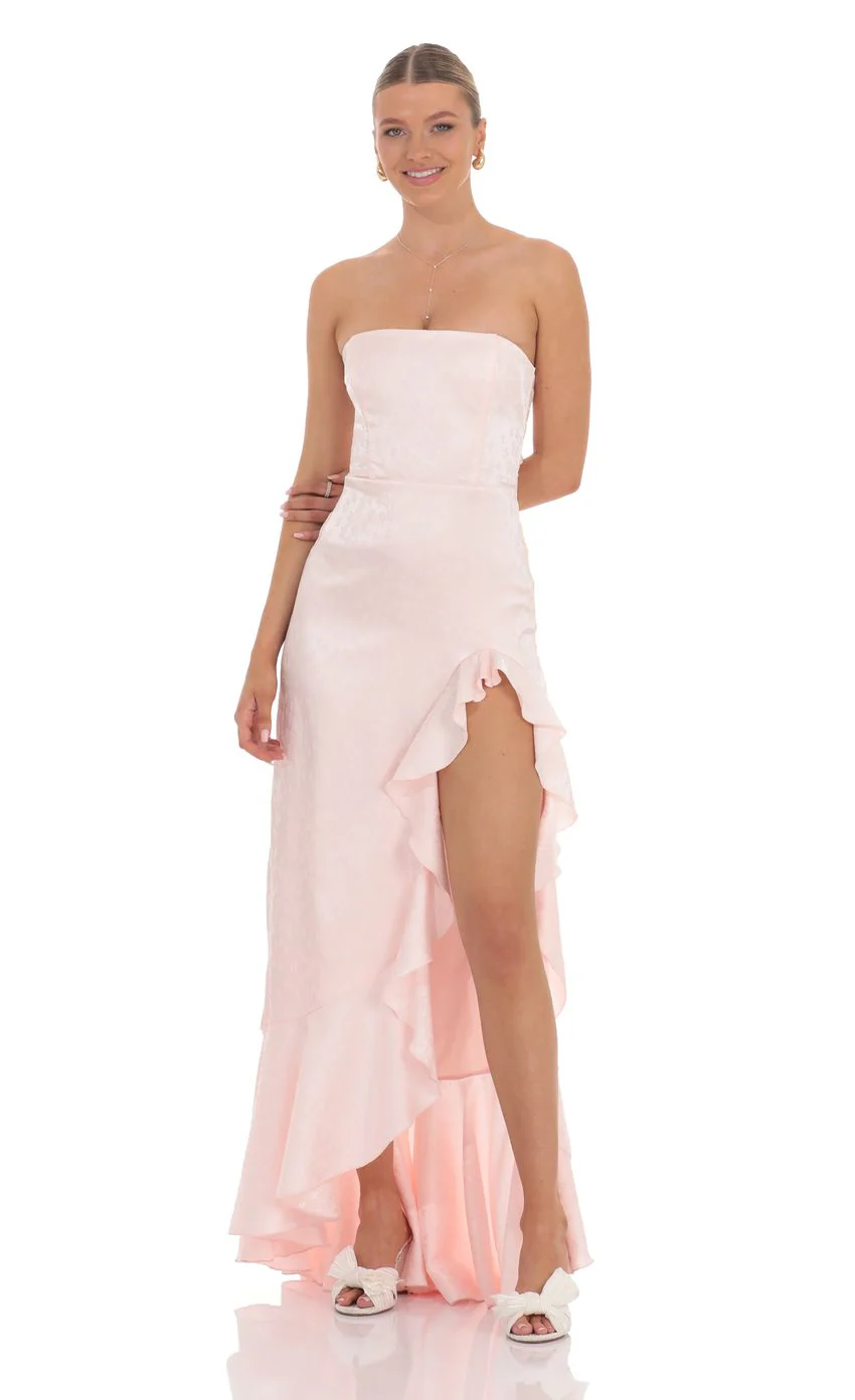 Satin Jacquard Back Bow Corset Maxi Dress in Pink