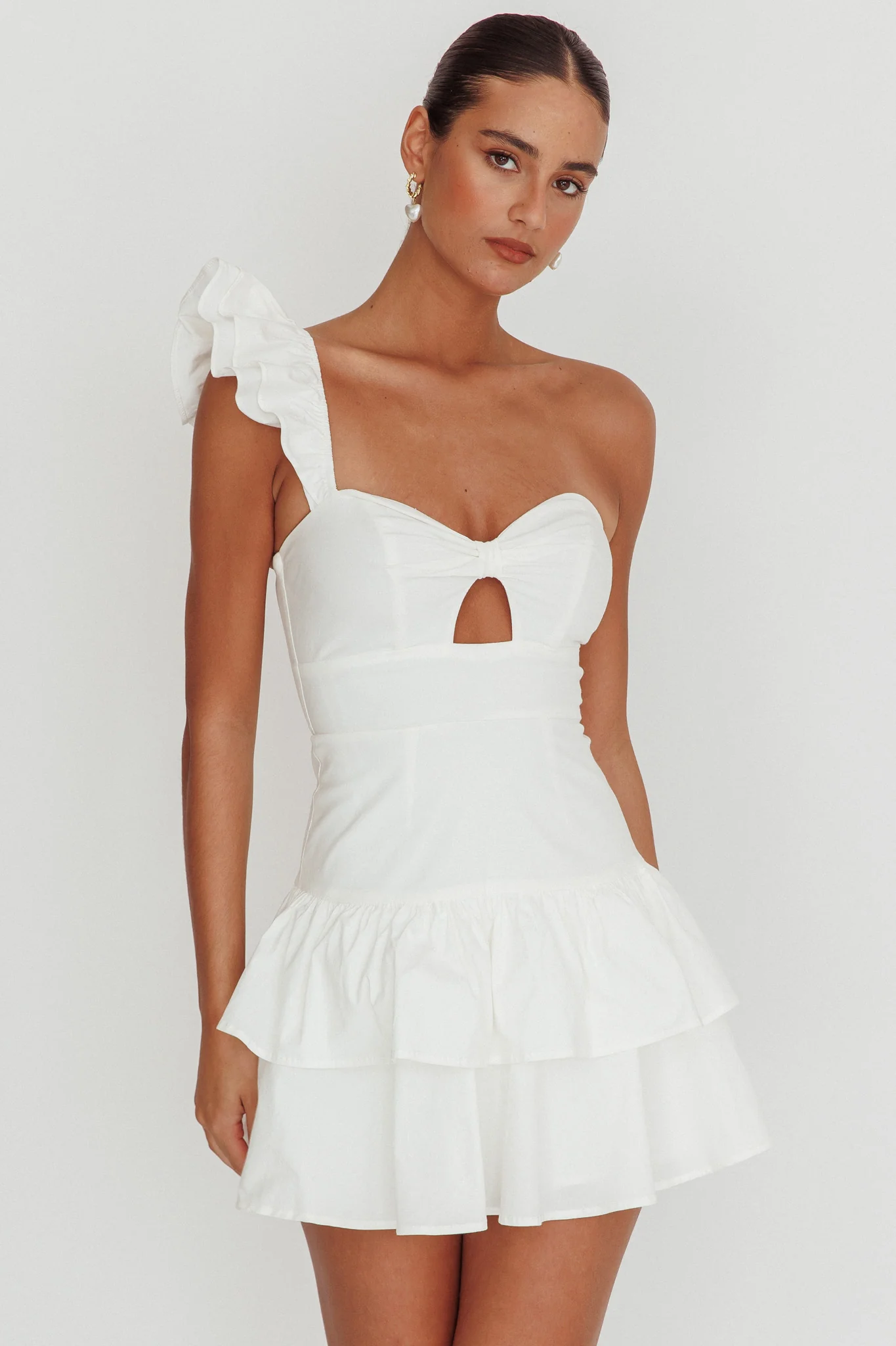 Tea Time One Shoulder Ruffle Mini Dress White - luluinthesky
