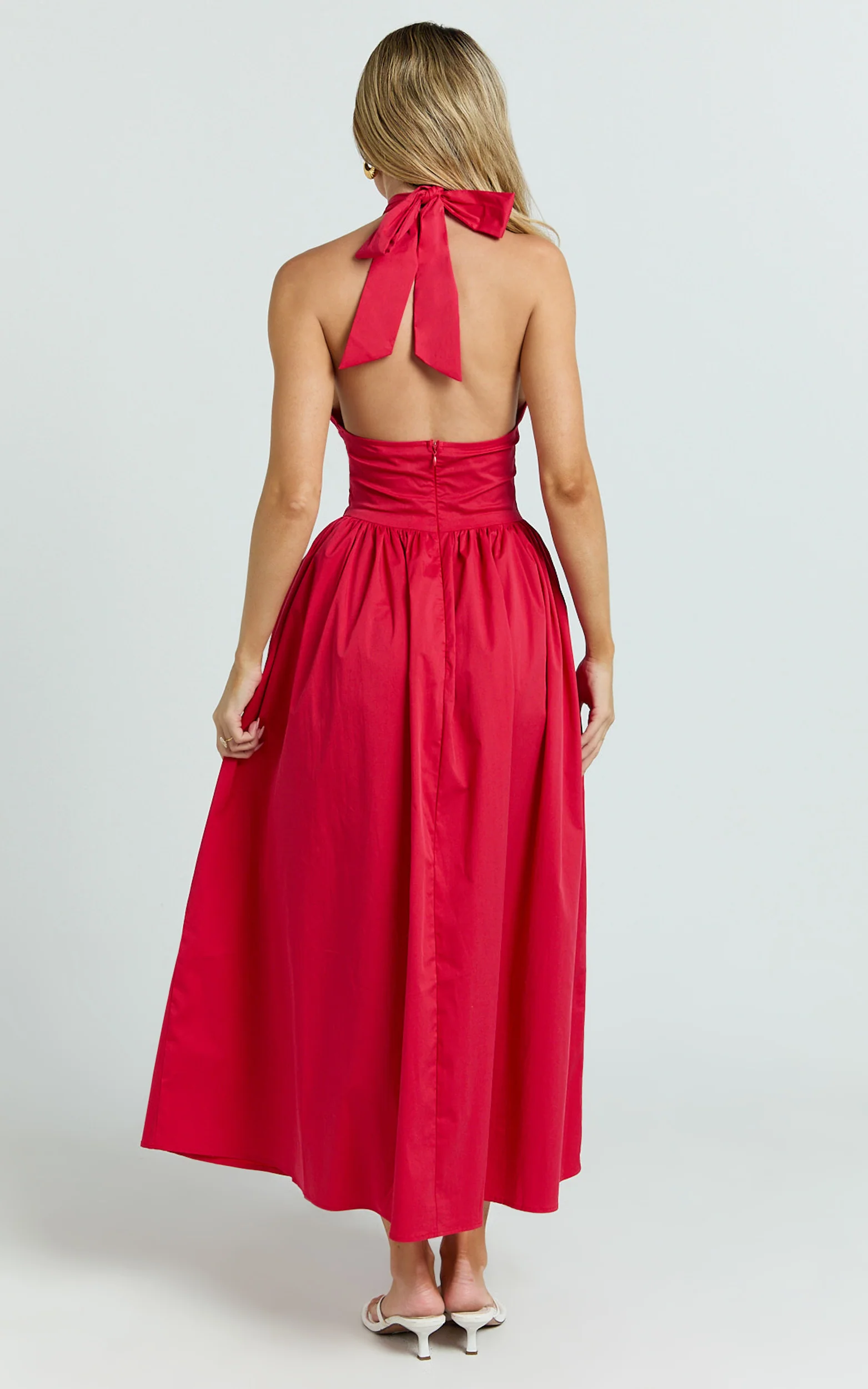 Belle Midi Dress - Keyhole Halter With V Yoke Dress in Red