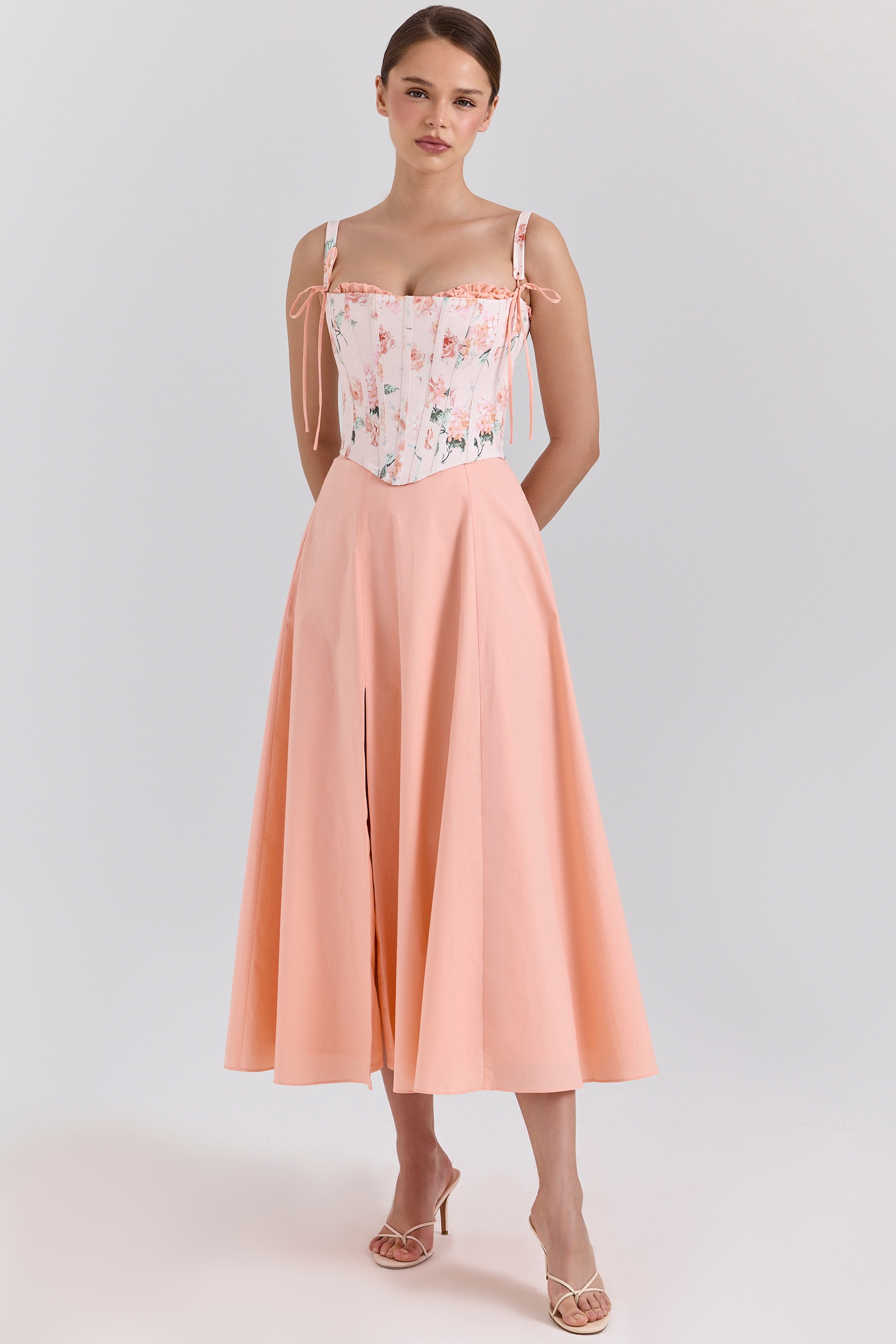 peach cotton detachable corset midi sundress
