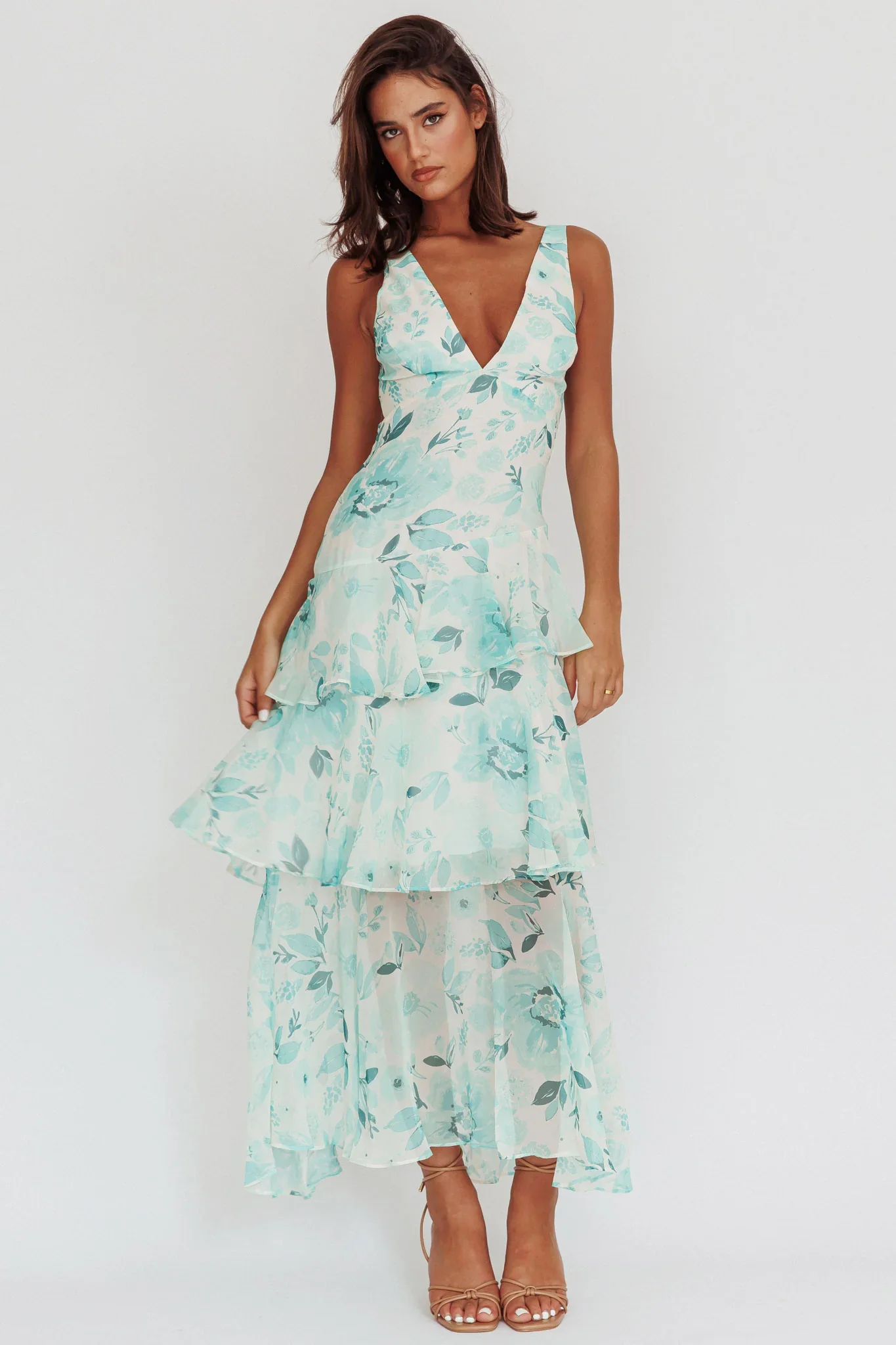 Veda Strappy Back Ruffle Maxi Dress Floral Green