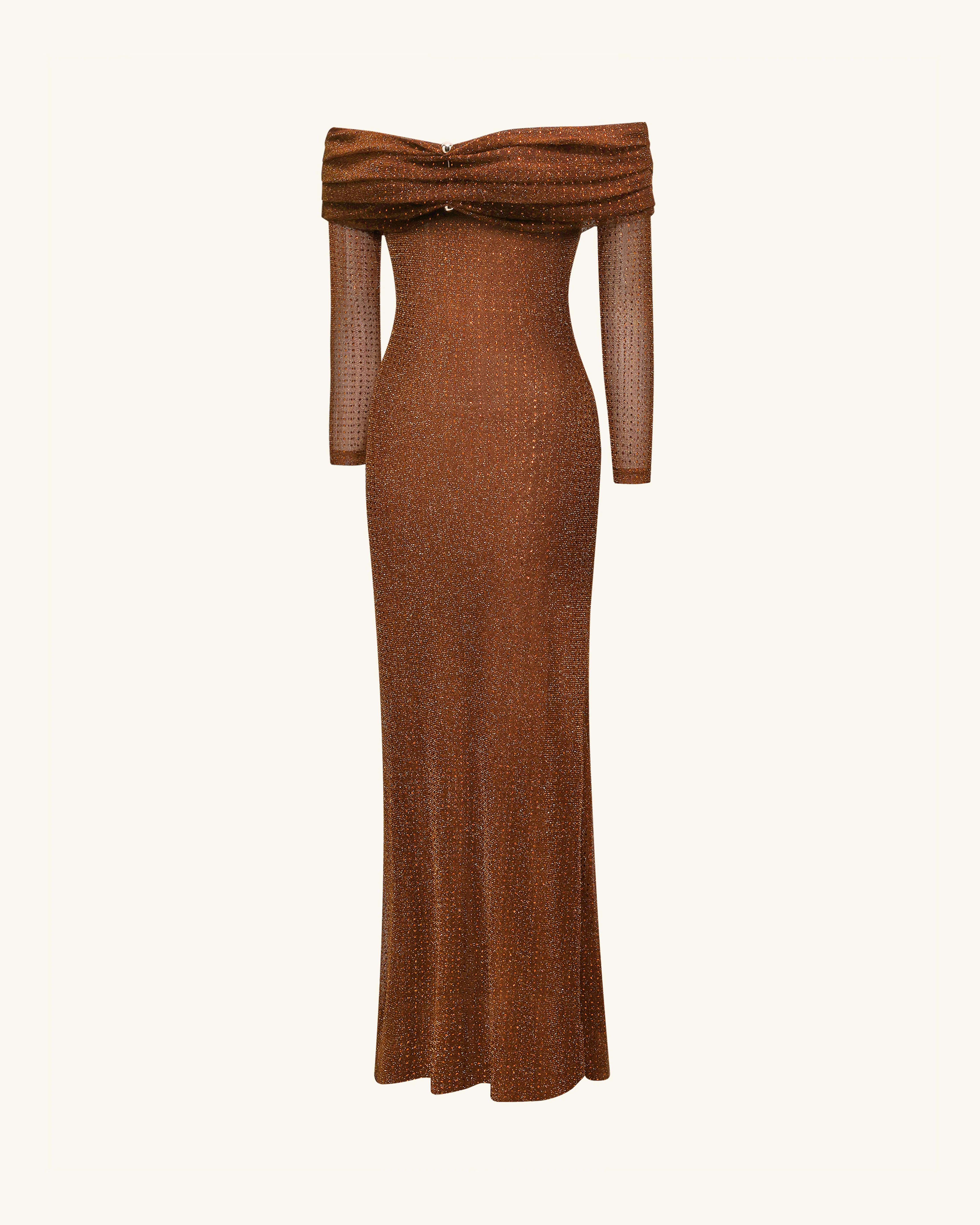 Rhinestone Mesh Off-Shoulder Maxi Dress - Brown - FASHION NOB