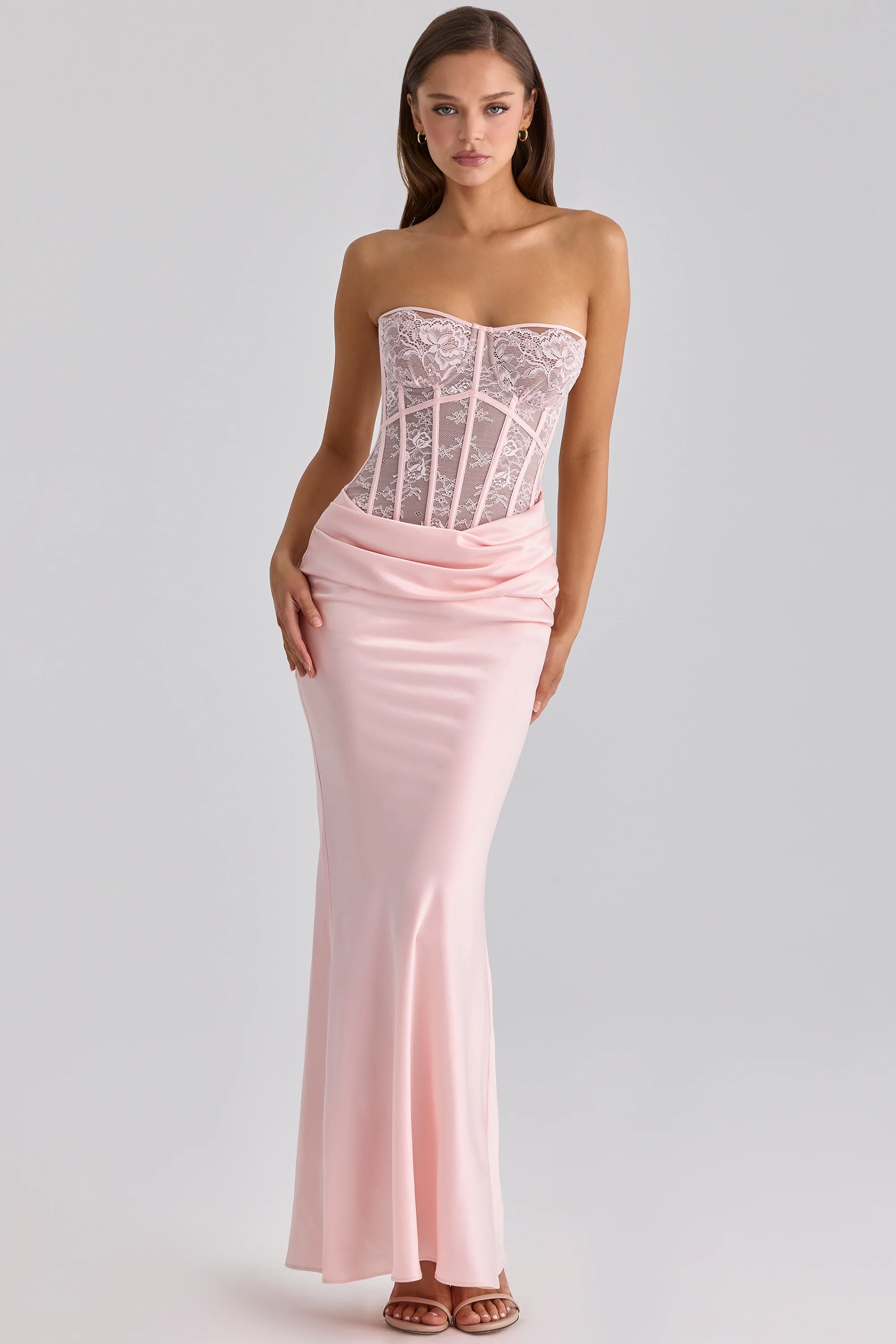 Pink Lace + Satin Maxi Corset Dress